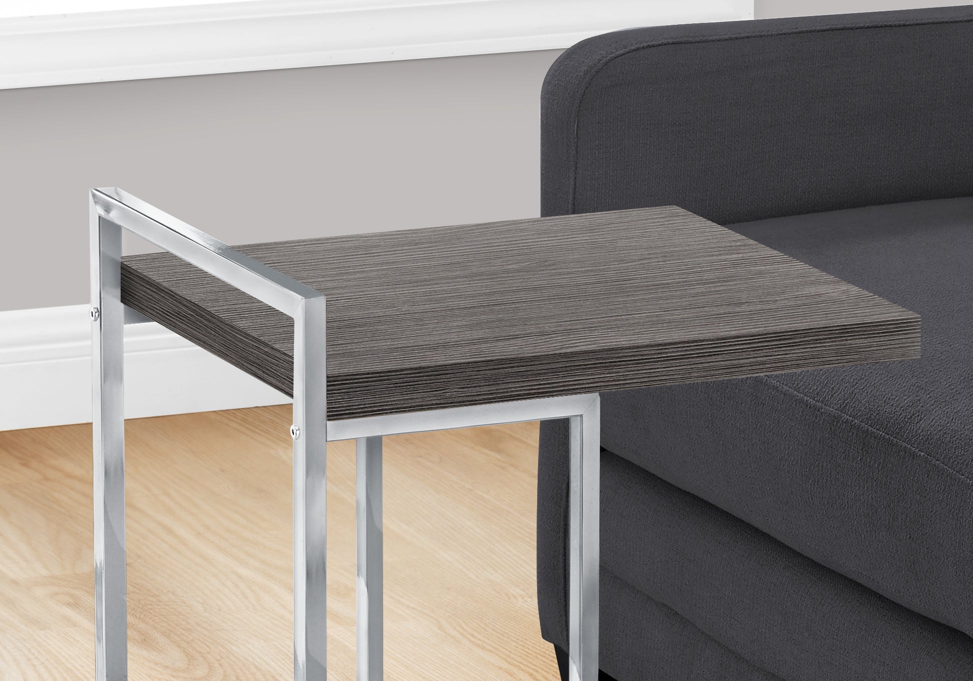 Gray wood grain Ctable with chrome frame ideal for small spaces