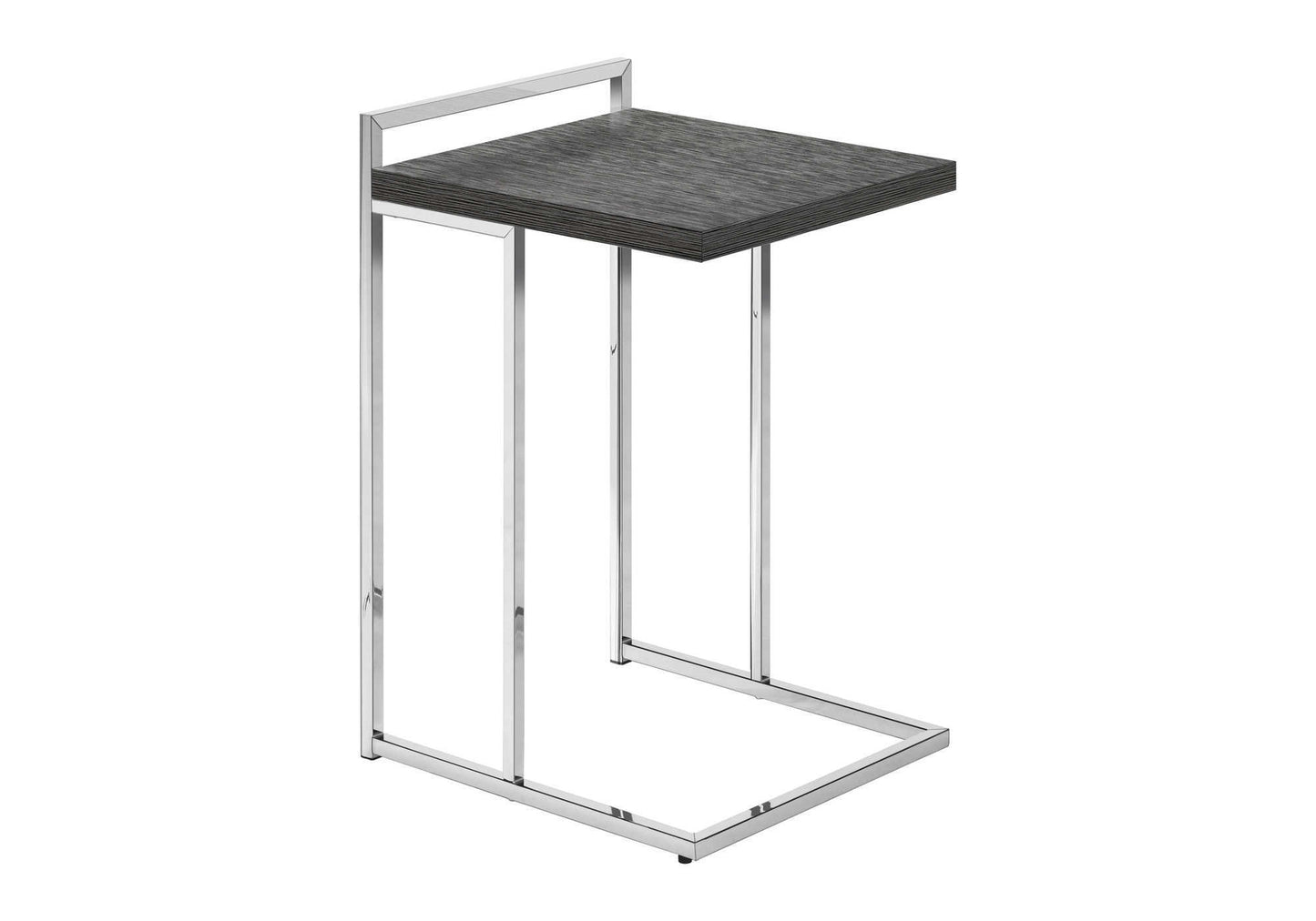 Modern Cshaped side table with dark wood grain top and polished chrome frame