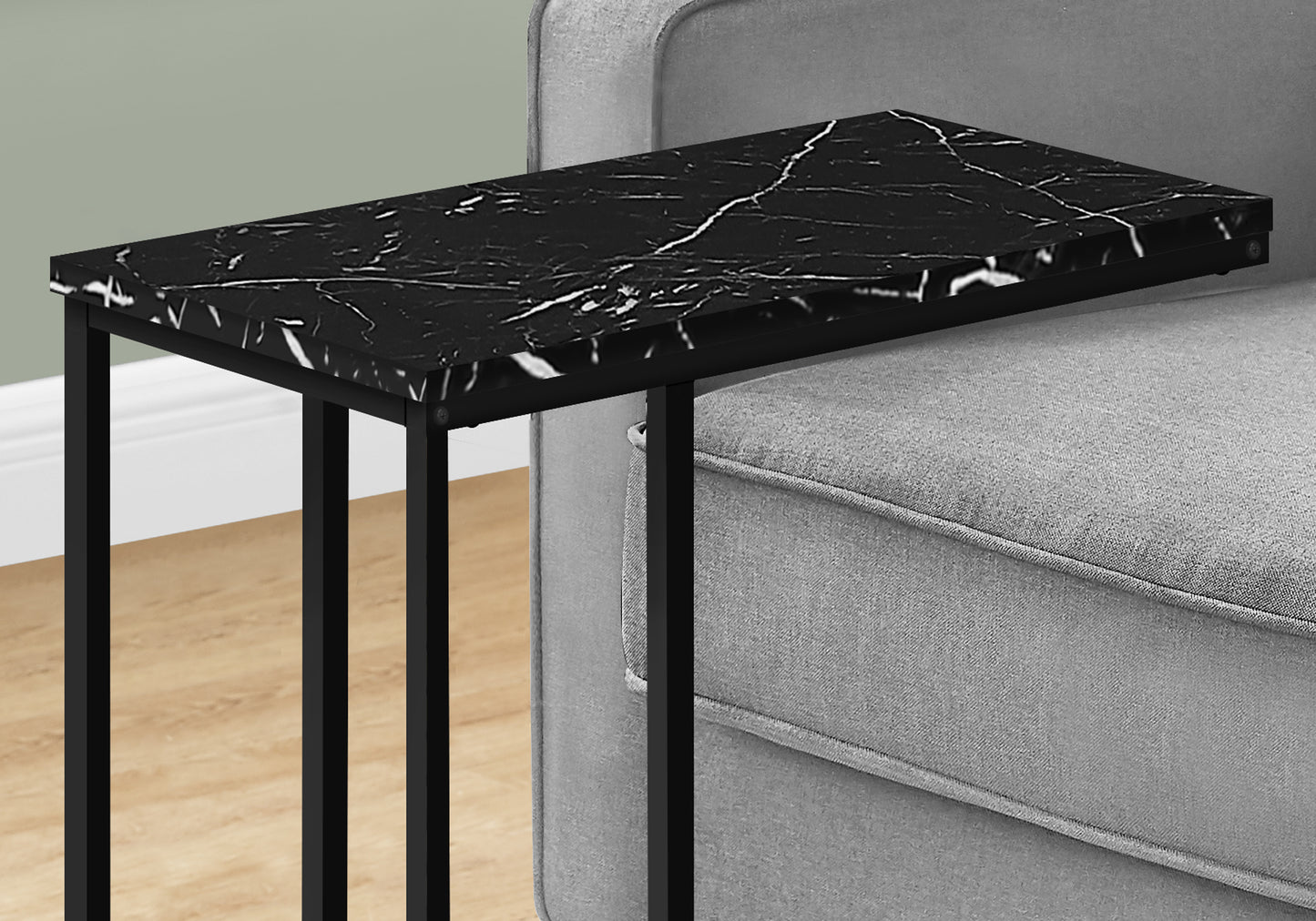 Black marble top Ctable with black metal frame slides under sofa
