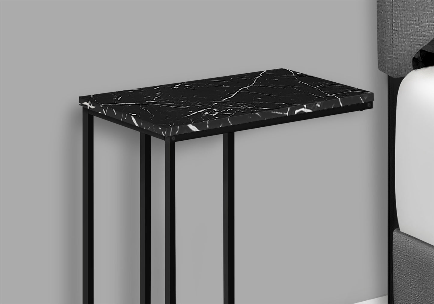 Sleek black marble top Ctable with minimalist black metal frame ideal for modern living rooms