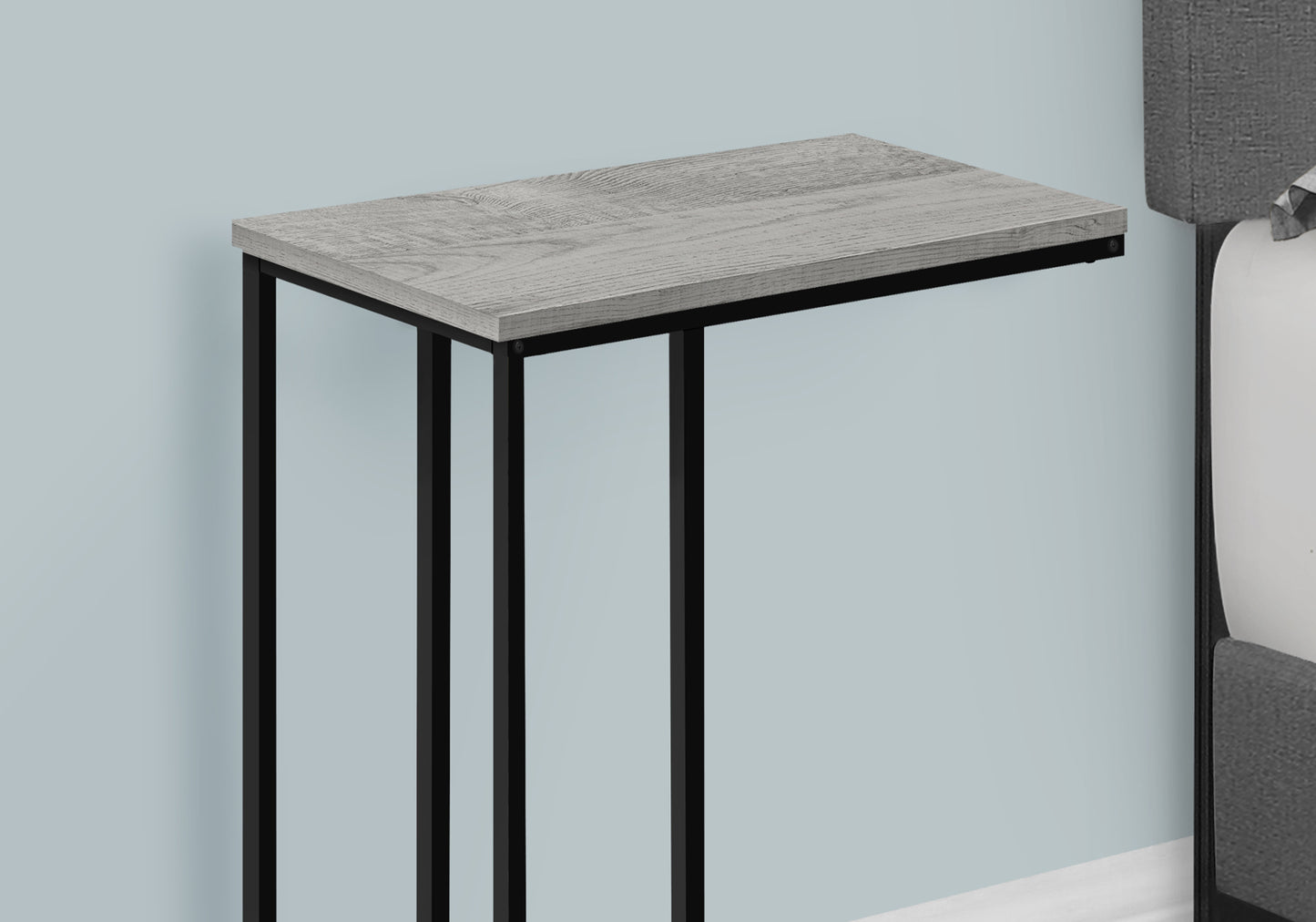 Gray wood grain top side table with slender black metal frame