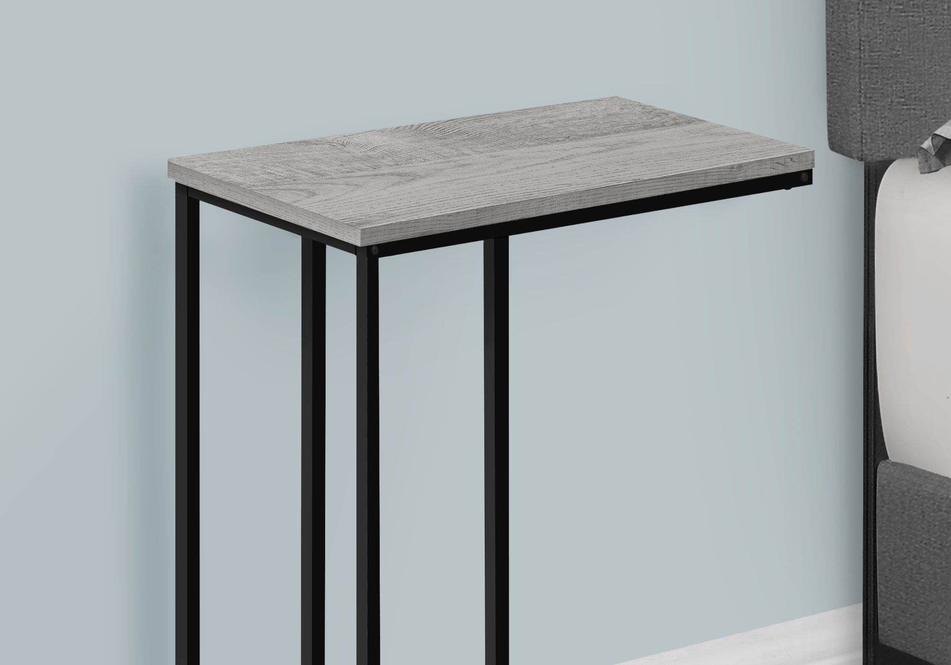 Gray wood grain top side table with slender black metal frame