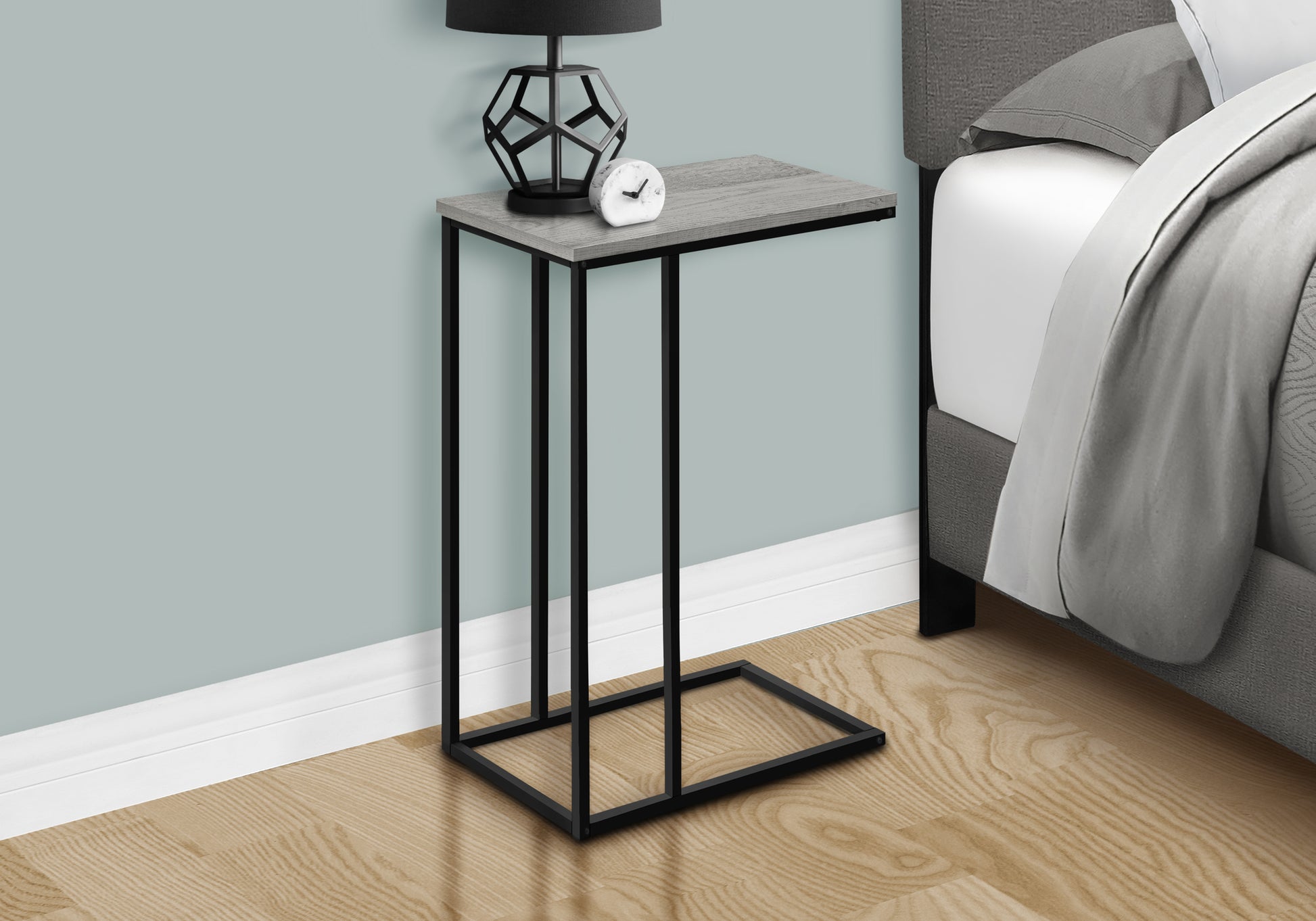 Grey wood effect ctable with black metal frame perfect for small spaces