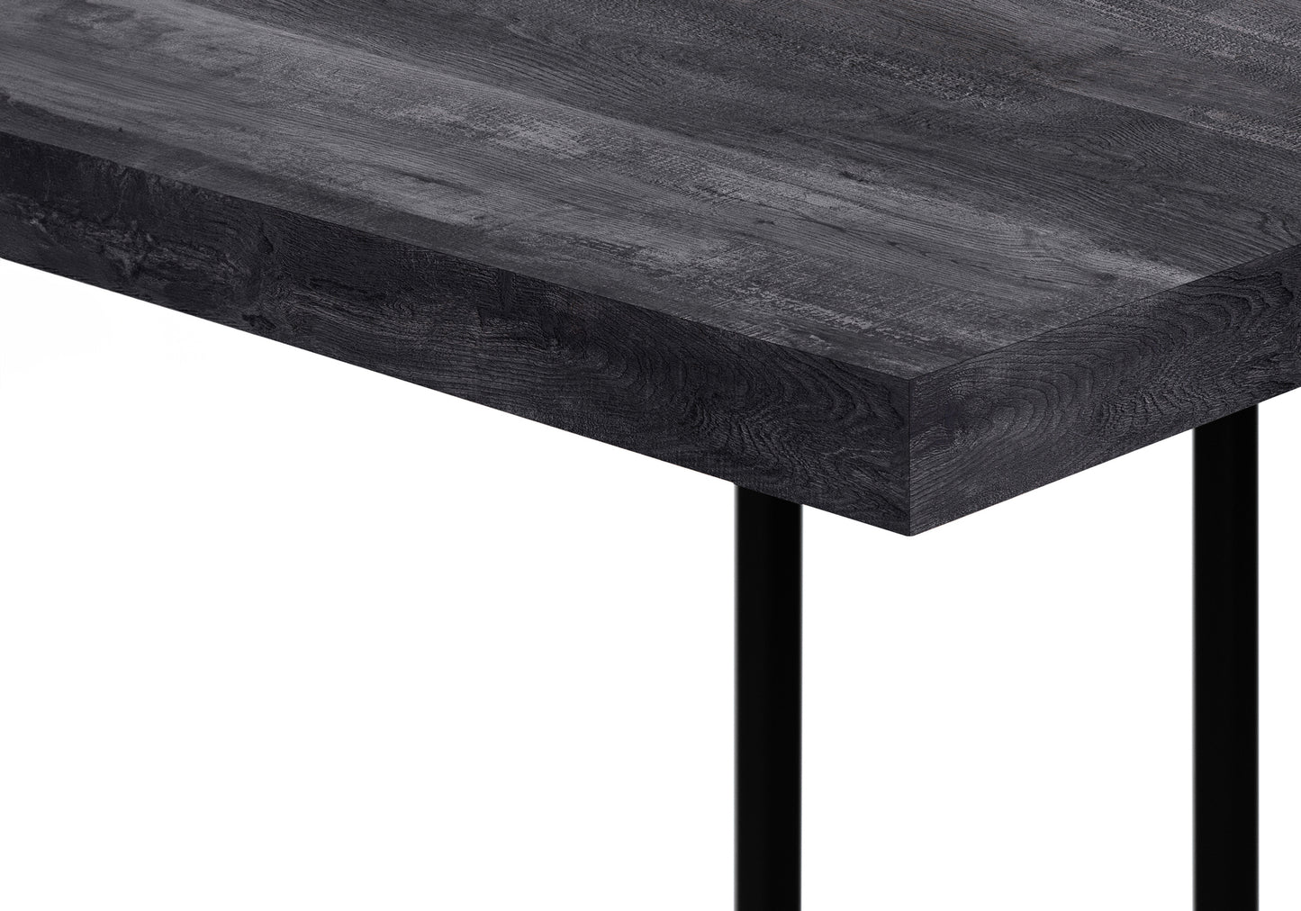 Dark wood grain tabletop with black metal legs modern dining table detail