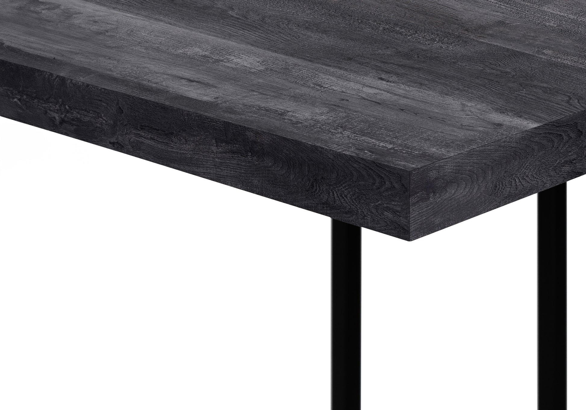 Dark wood grain tabletop with black metal legs modern dining table detail
