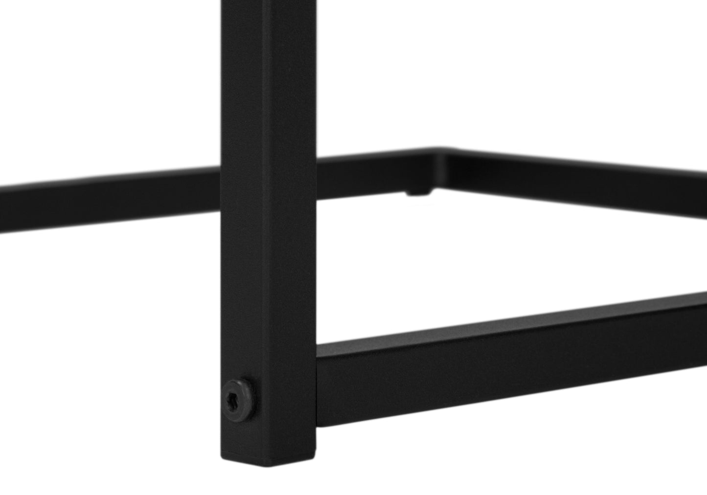 Black metal table leg detail with visible bolt industrial design