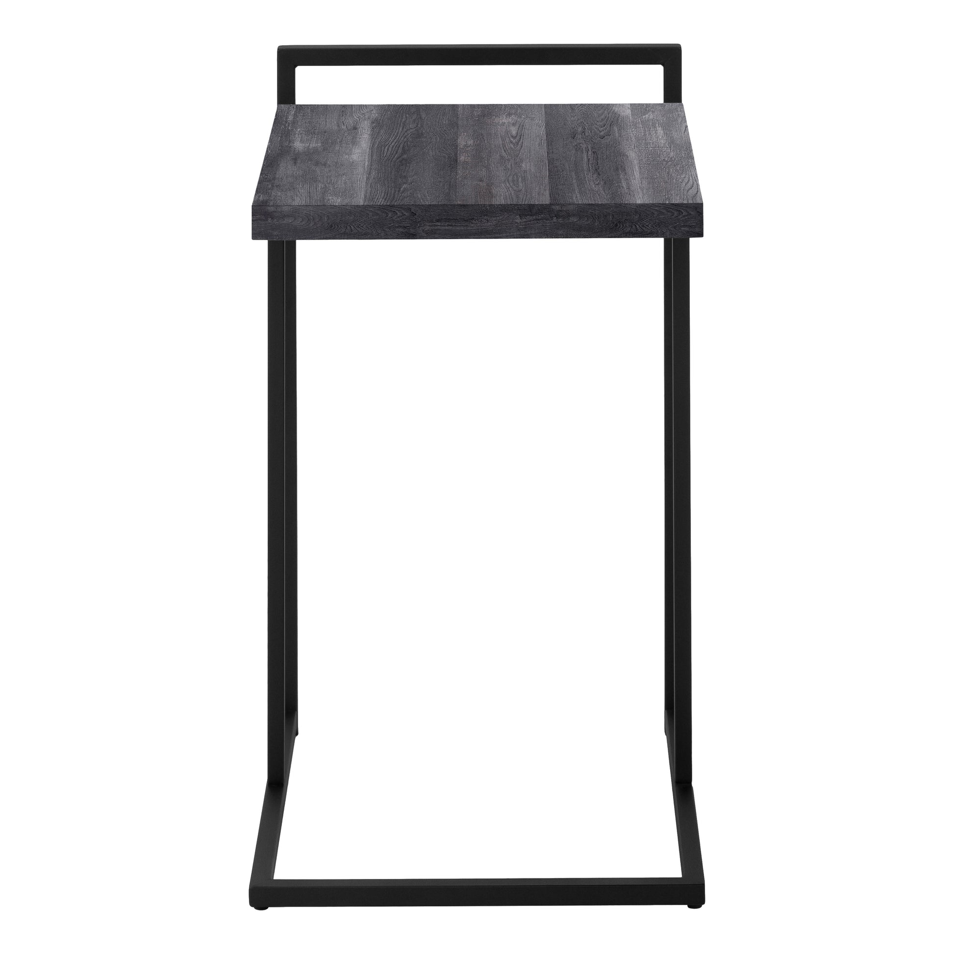 Industrial end table with distressed black wood top and metal frame