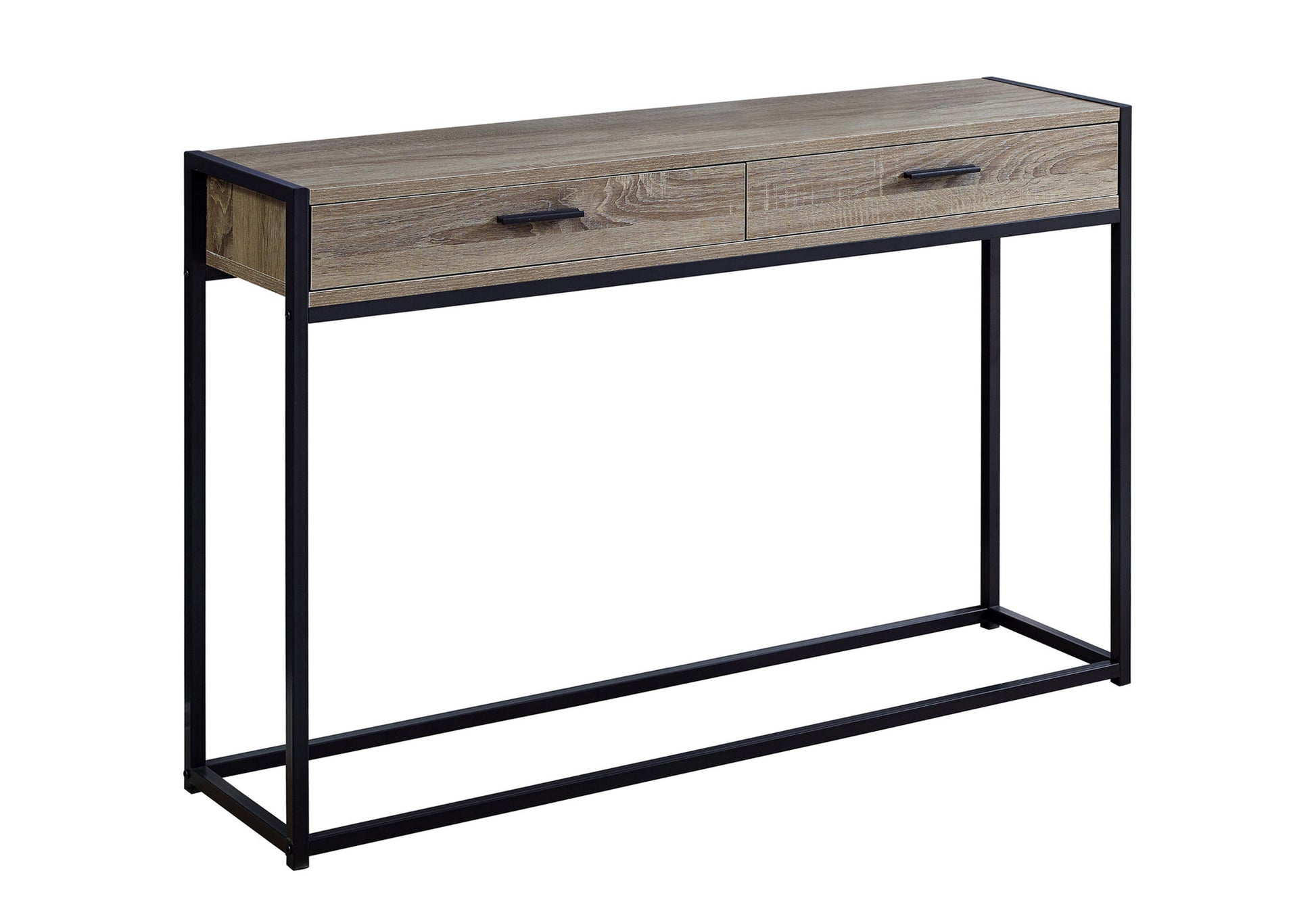 Rustic wood grain console table with black metal frame and two drawers