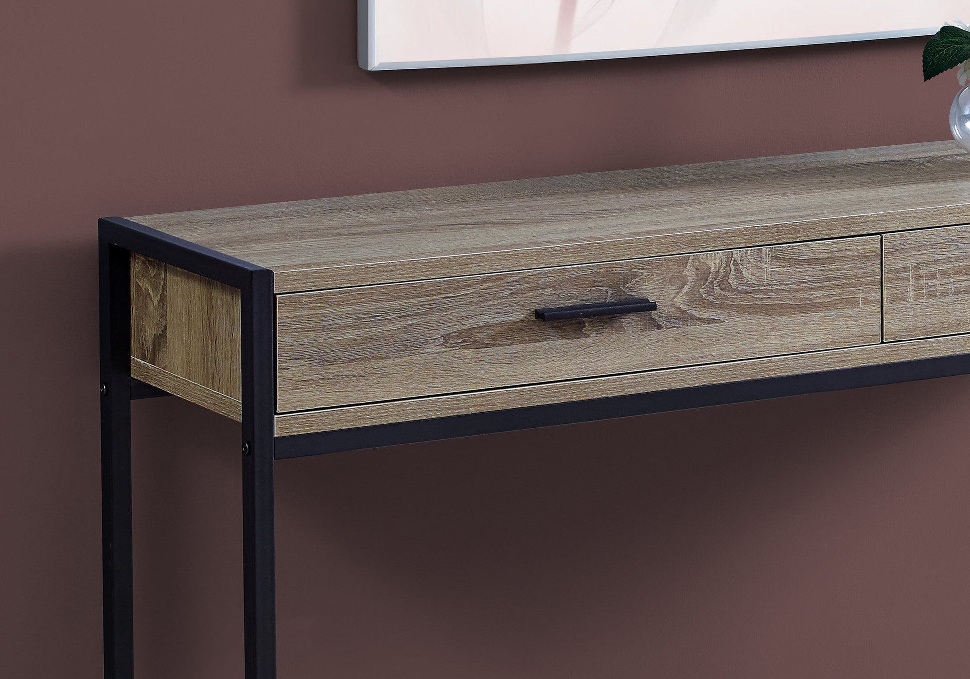 Rustic oak wood console table with black metal frame and drawer