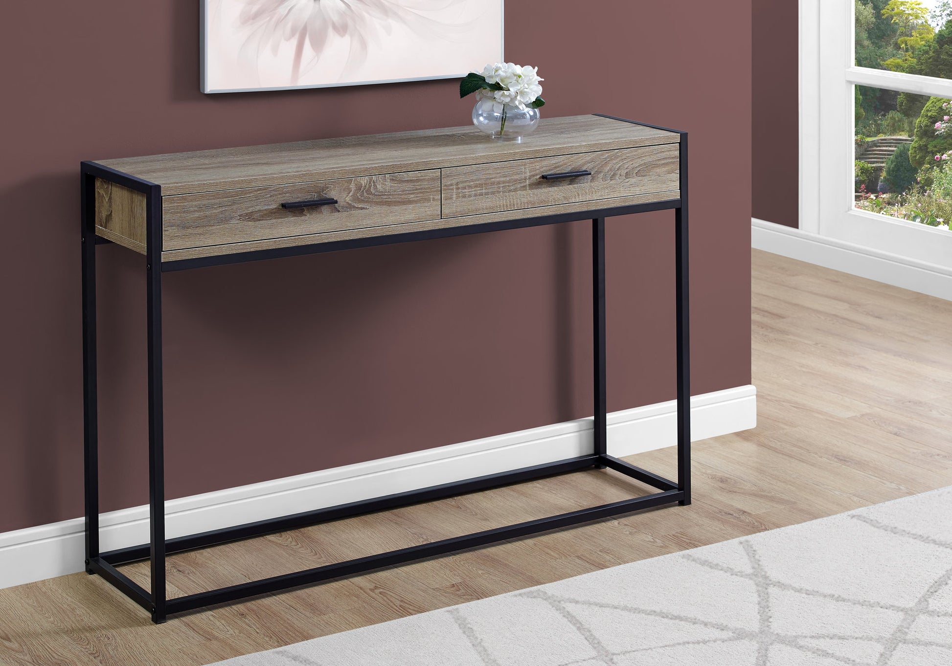 Modern entryway table with wood grain finish and two drawers on black metal frame