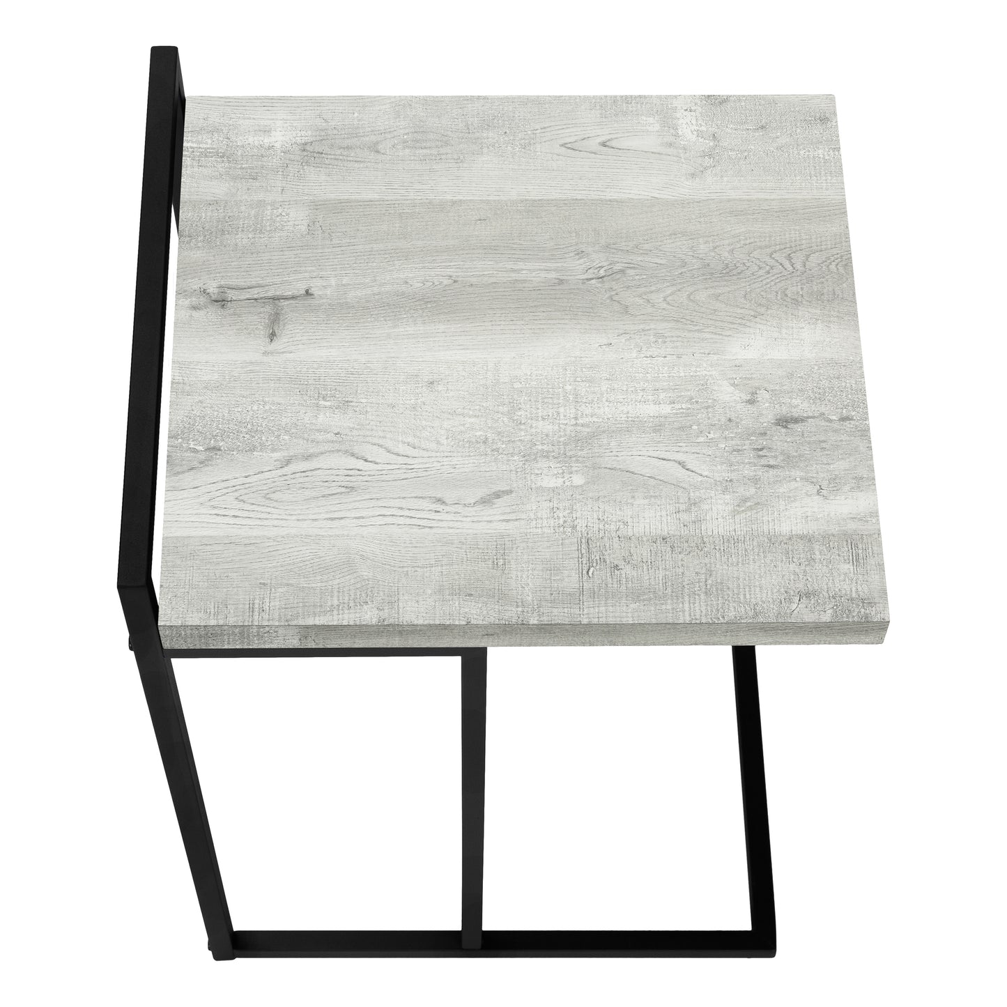 Rustic wood grain end table with black metal frame and a minimalist design
