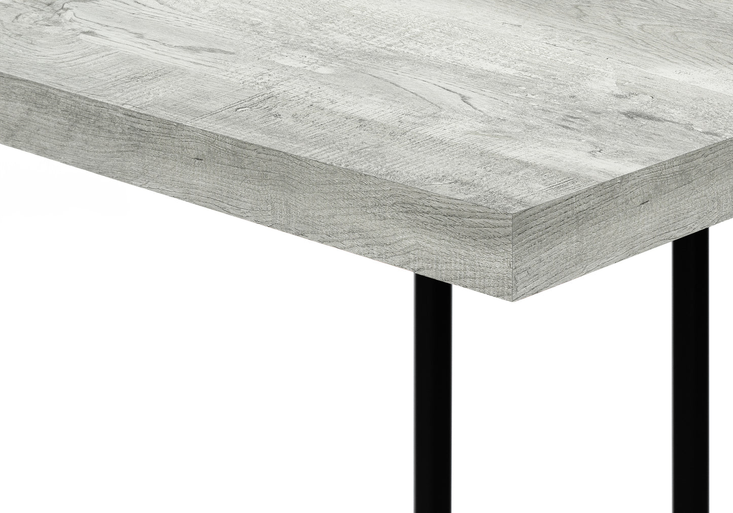 Distressed grey wood grain tabletop on black metal legs