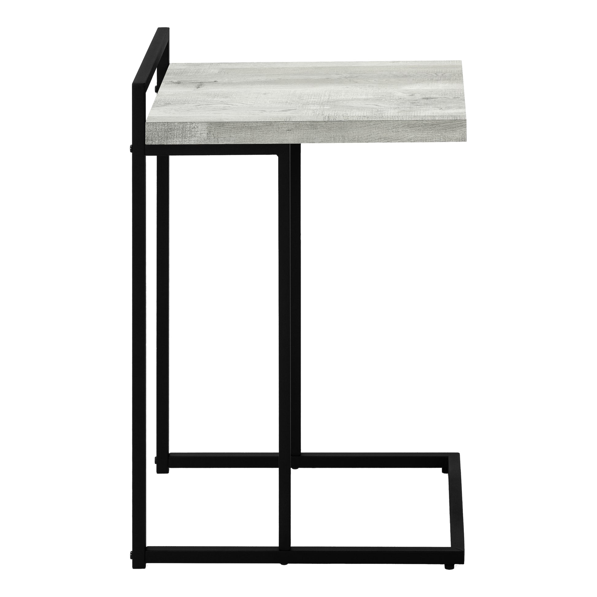 Modern ctable with weathered gray wood top and black metal frame perfect for living rooms
