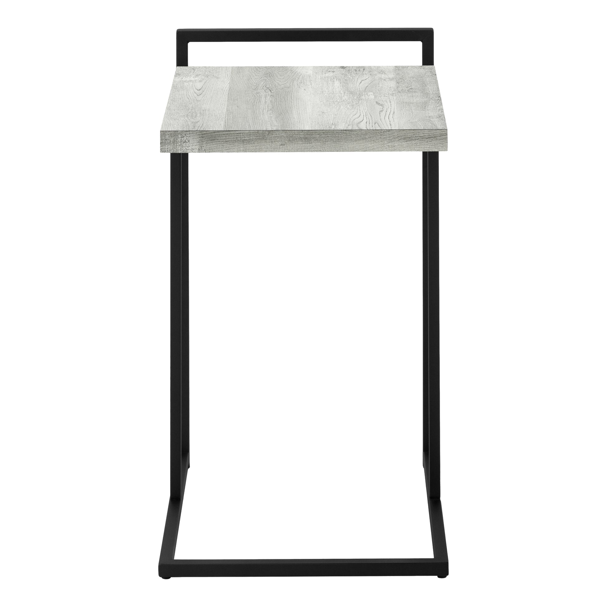 Modern Ctable with grey wood grain top and black metal frame for living rooms