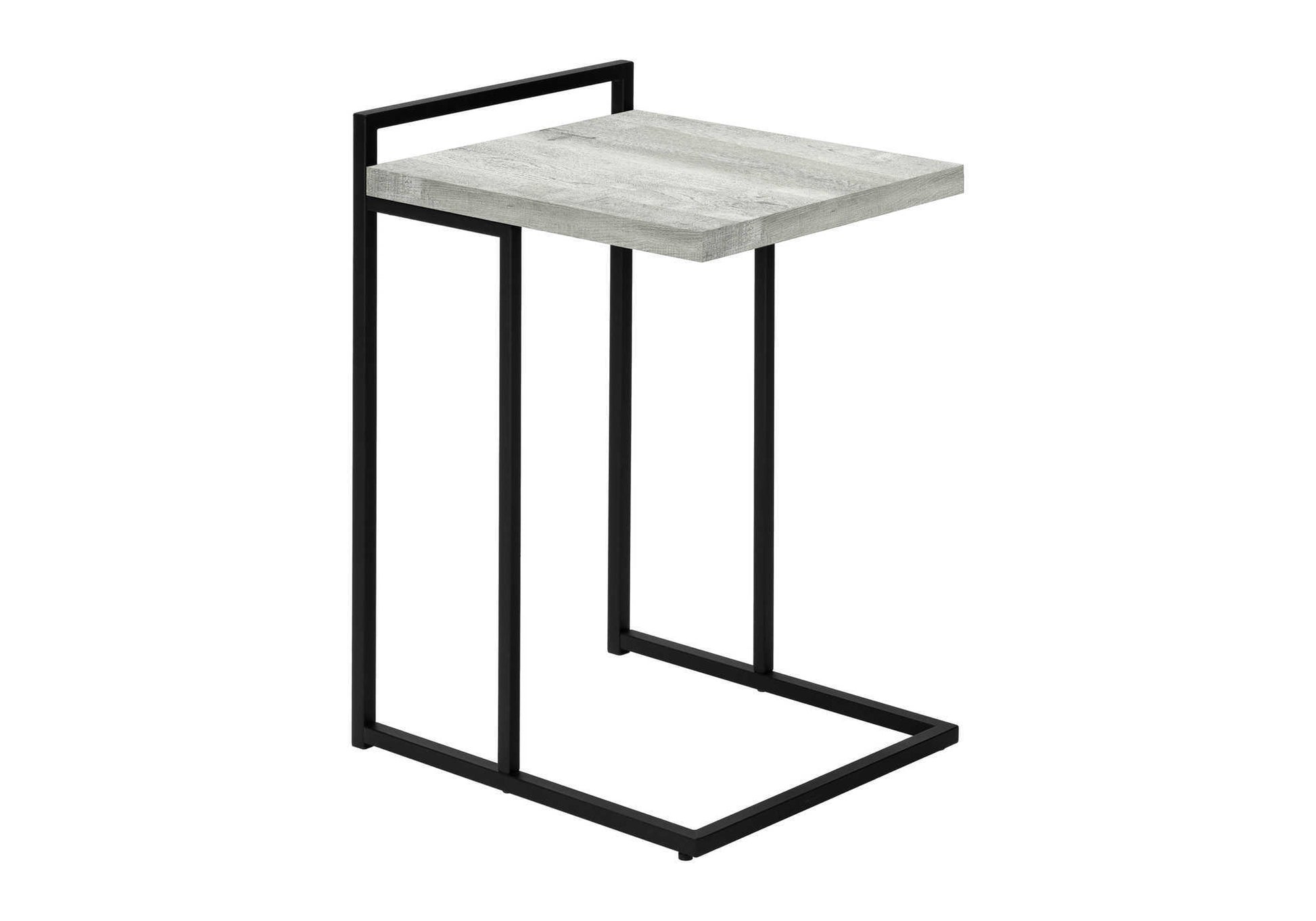 Modern Ctable with a distressed white wood top and black metal frame perfect for small spaces