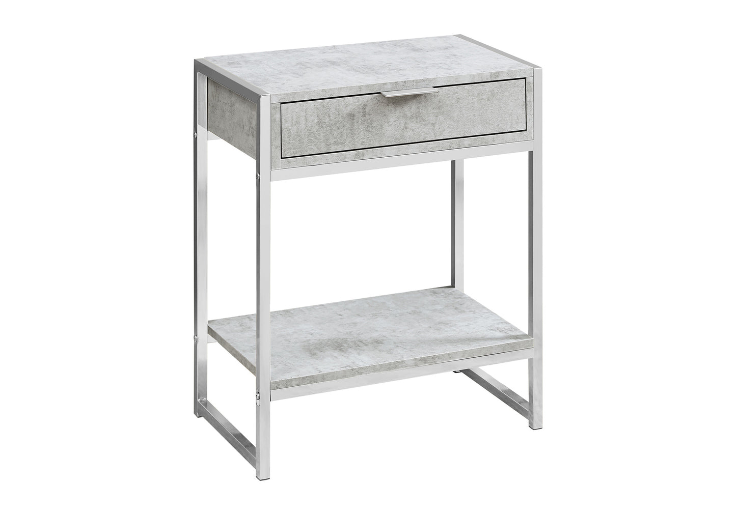 Concrete finish end table with silver metal frame and one drawer