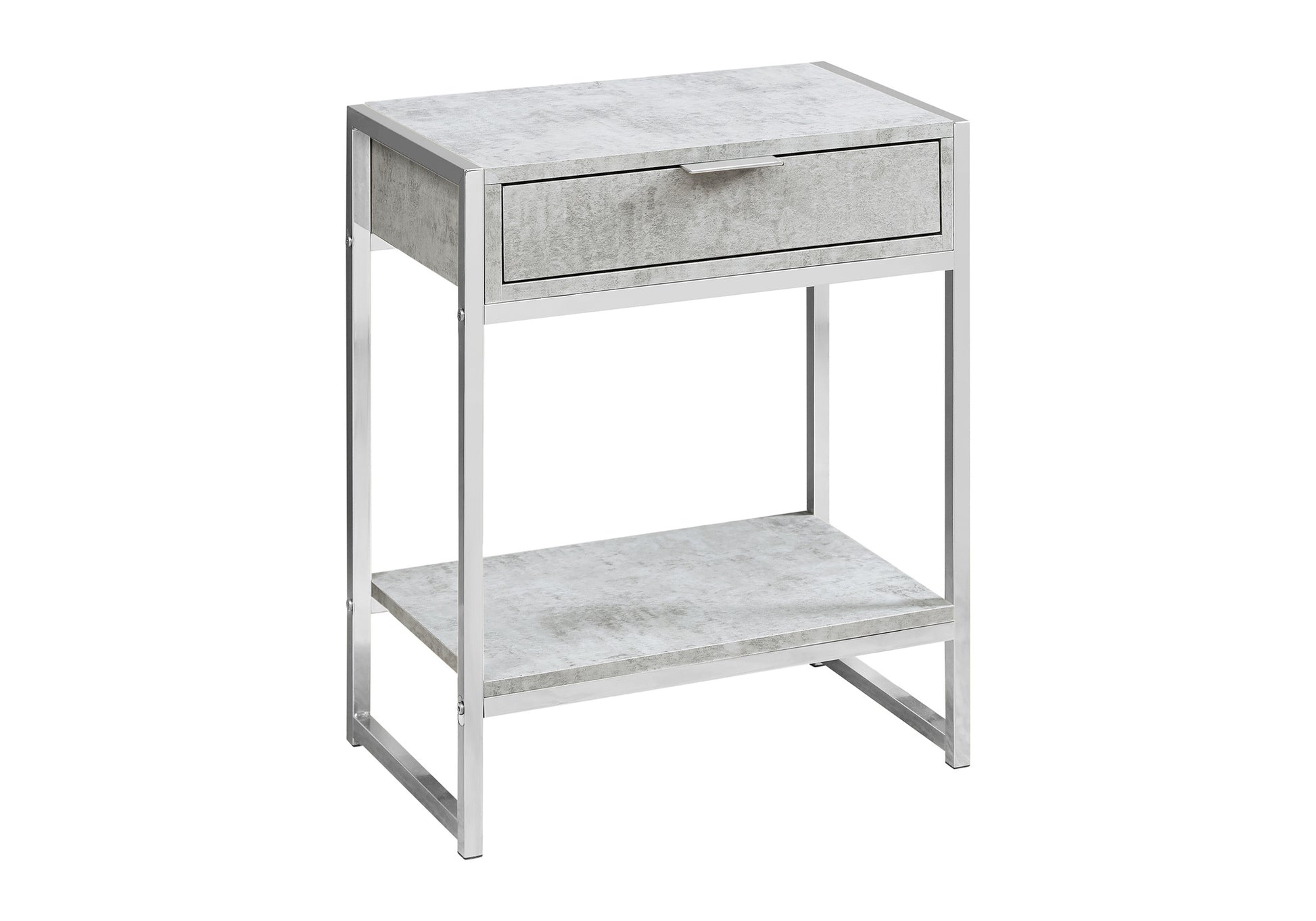 Concrete finish end table with silver metal frame and one drawer