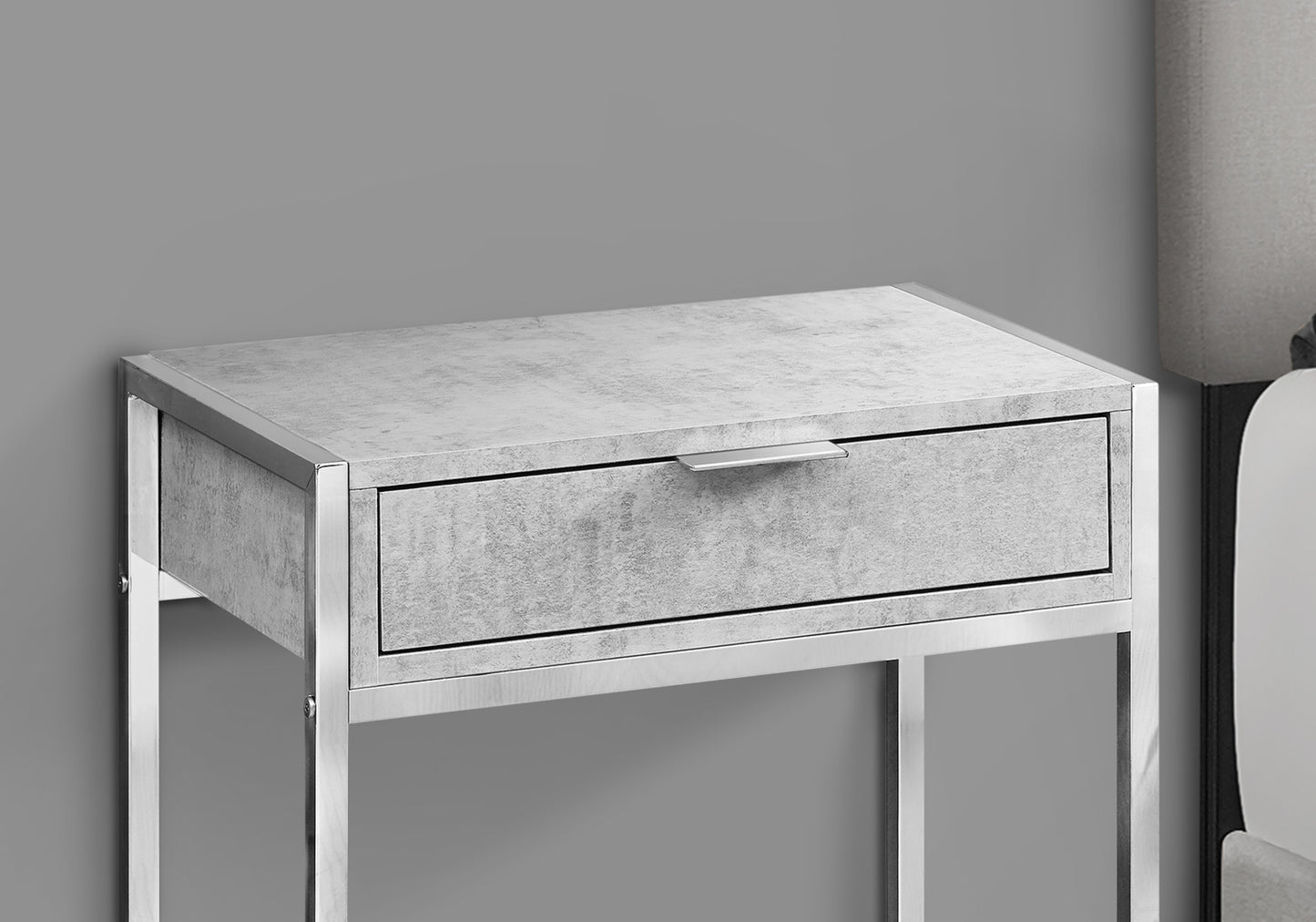 Concrete finish bedside table with silver metal frame and single drawer Modern furniture