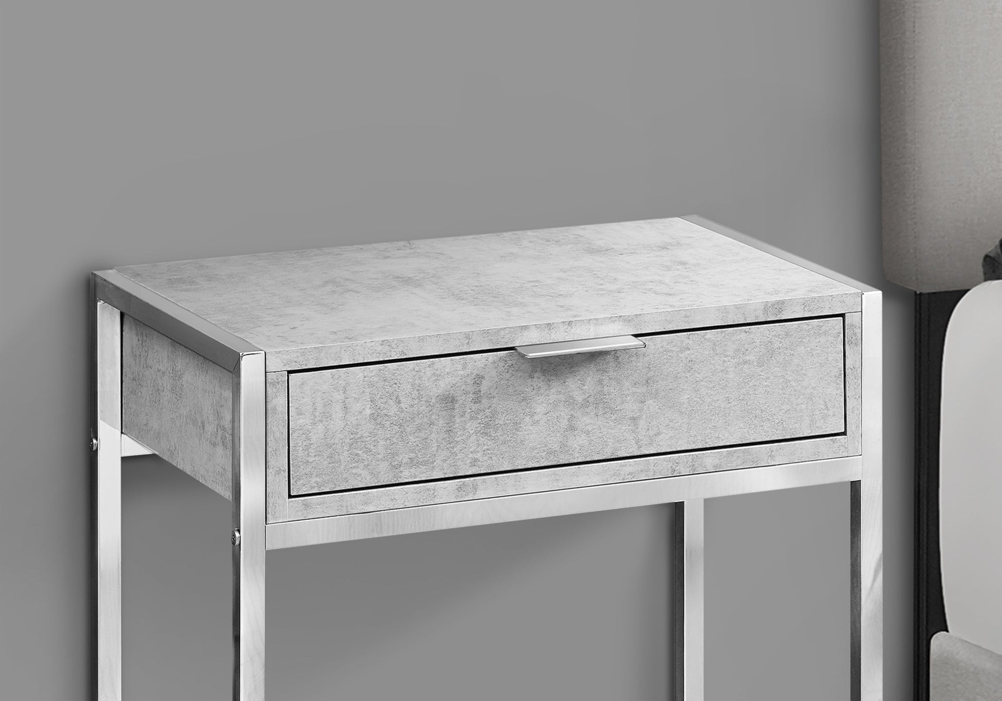 Concrete finish bedside table with silver metal frame and single drawer Modern furniture
