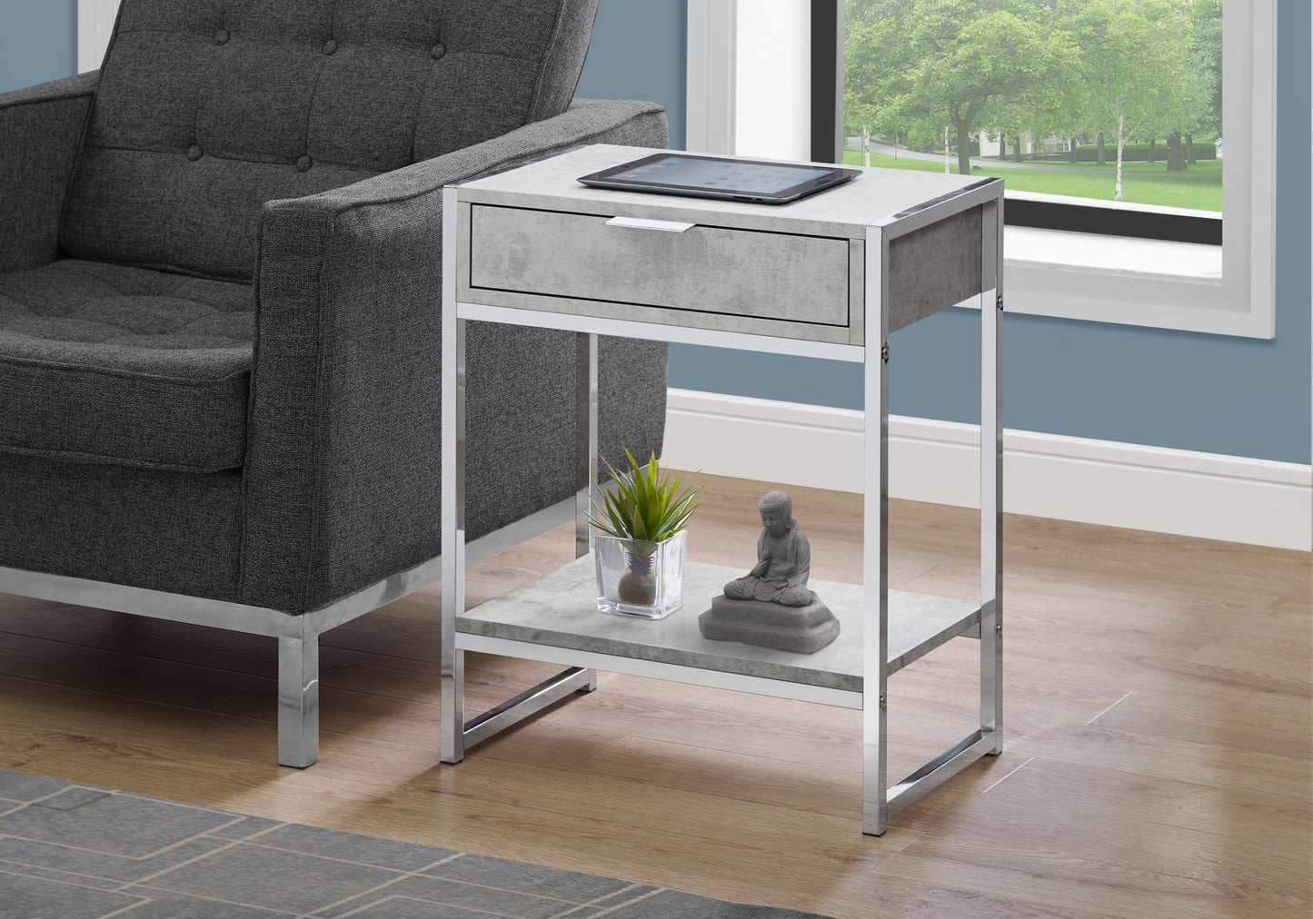 Gray concrete effect end table with silver frame and single drawer