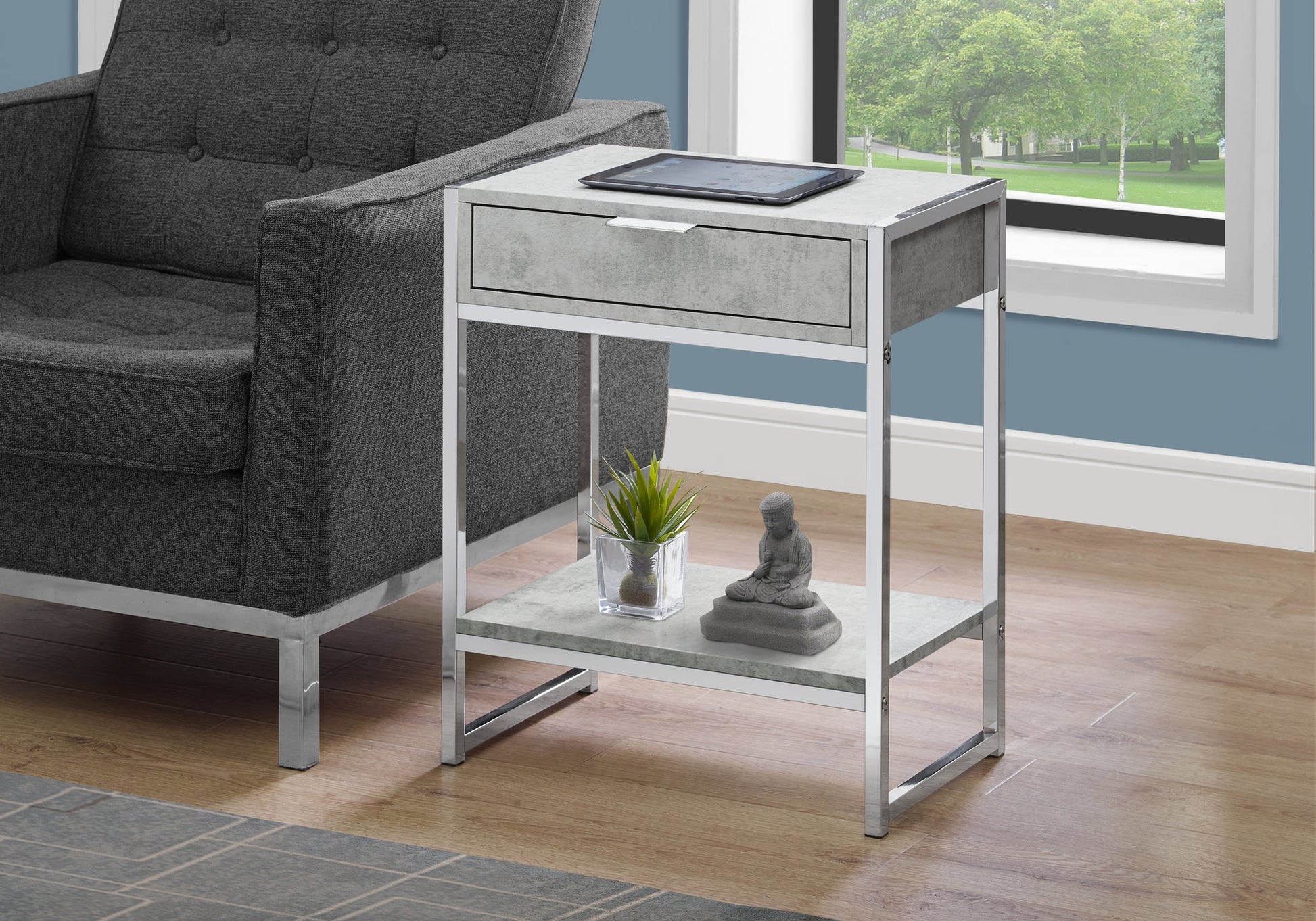 Gray concrete effect end table with silver frame and single drawer