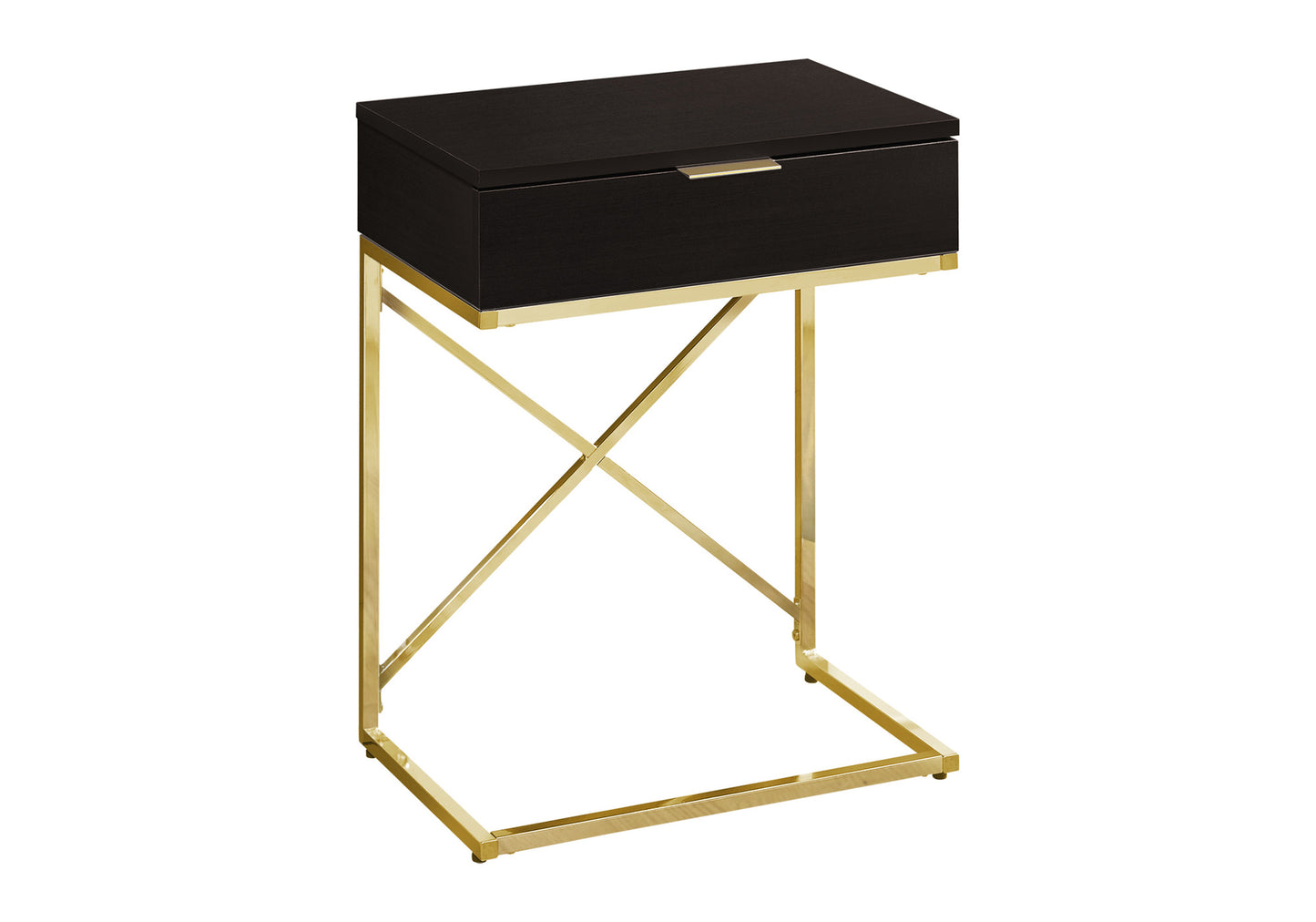 Modern C table with dark wood drawer and gold metal frame ideal for living rooms