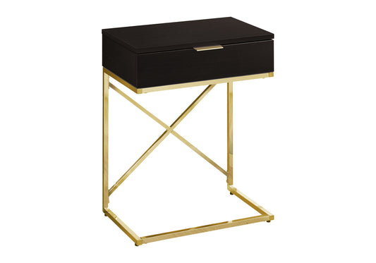 Modern C table with dark wood drawer and gold metal frame ideal for living rooms