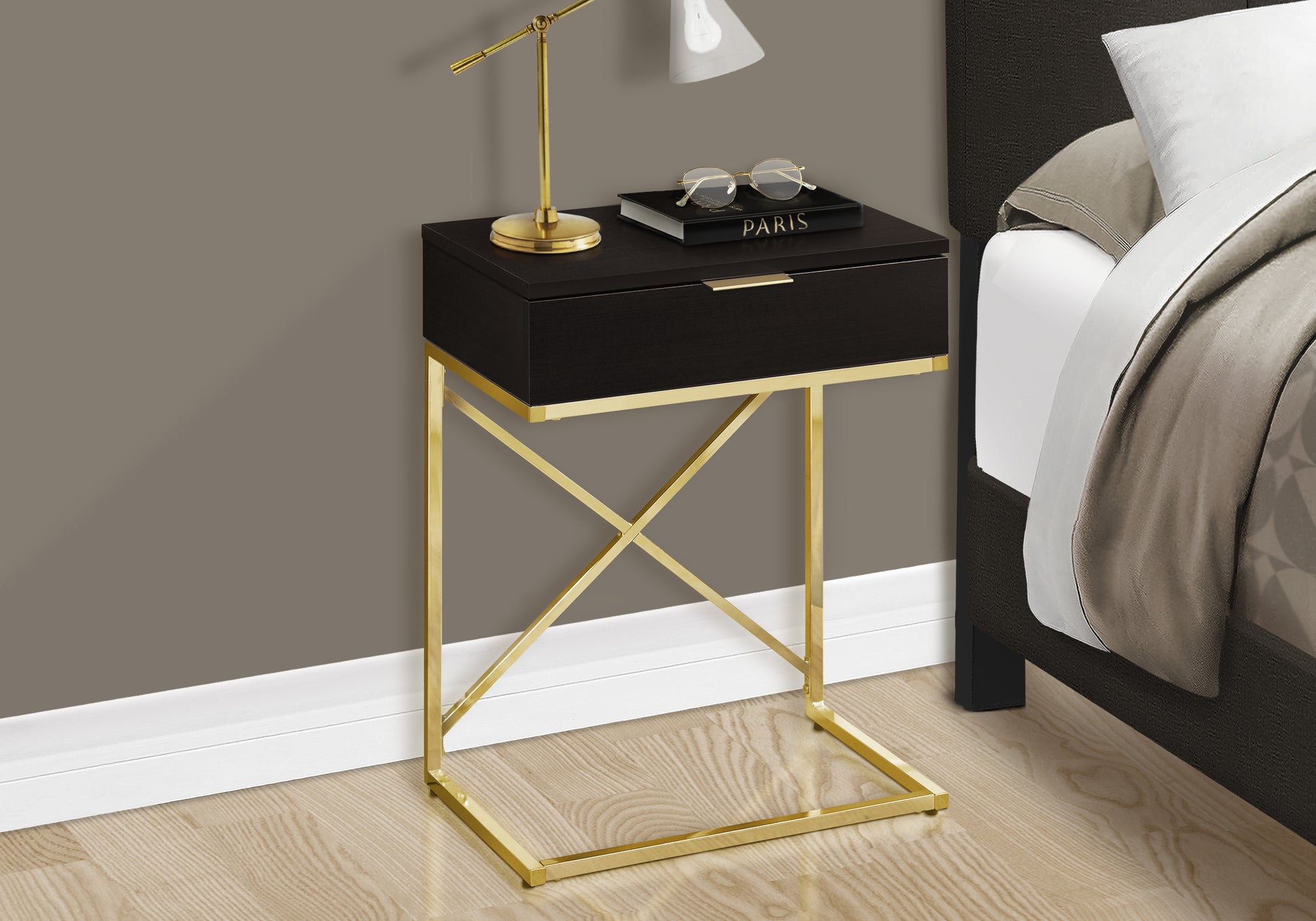 Dark wood Ctable with gold metal frame bedside accessory