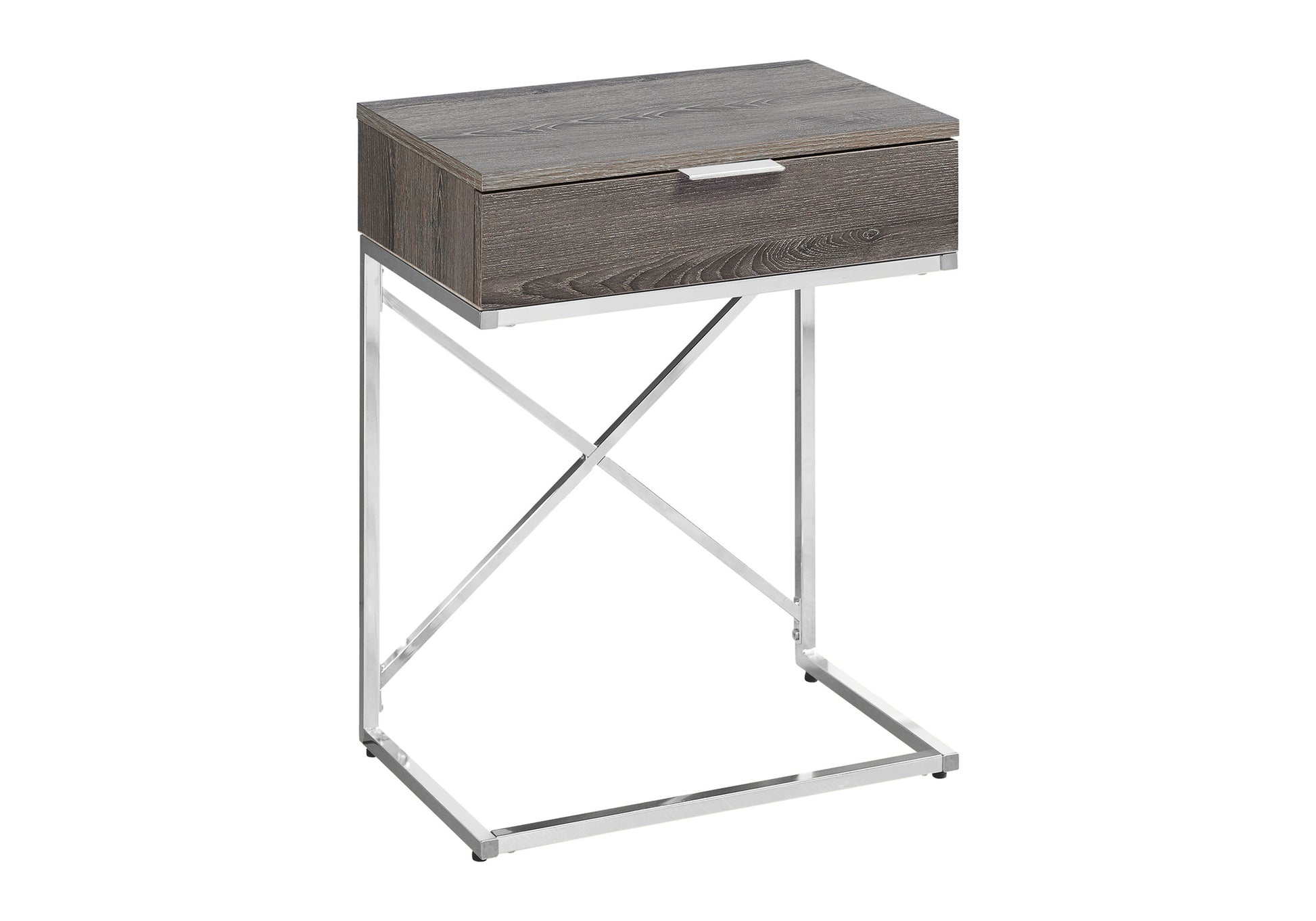 Gray wood Ctable with a chrome frame and single drawer