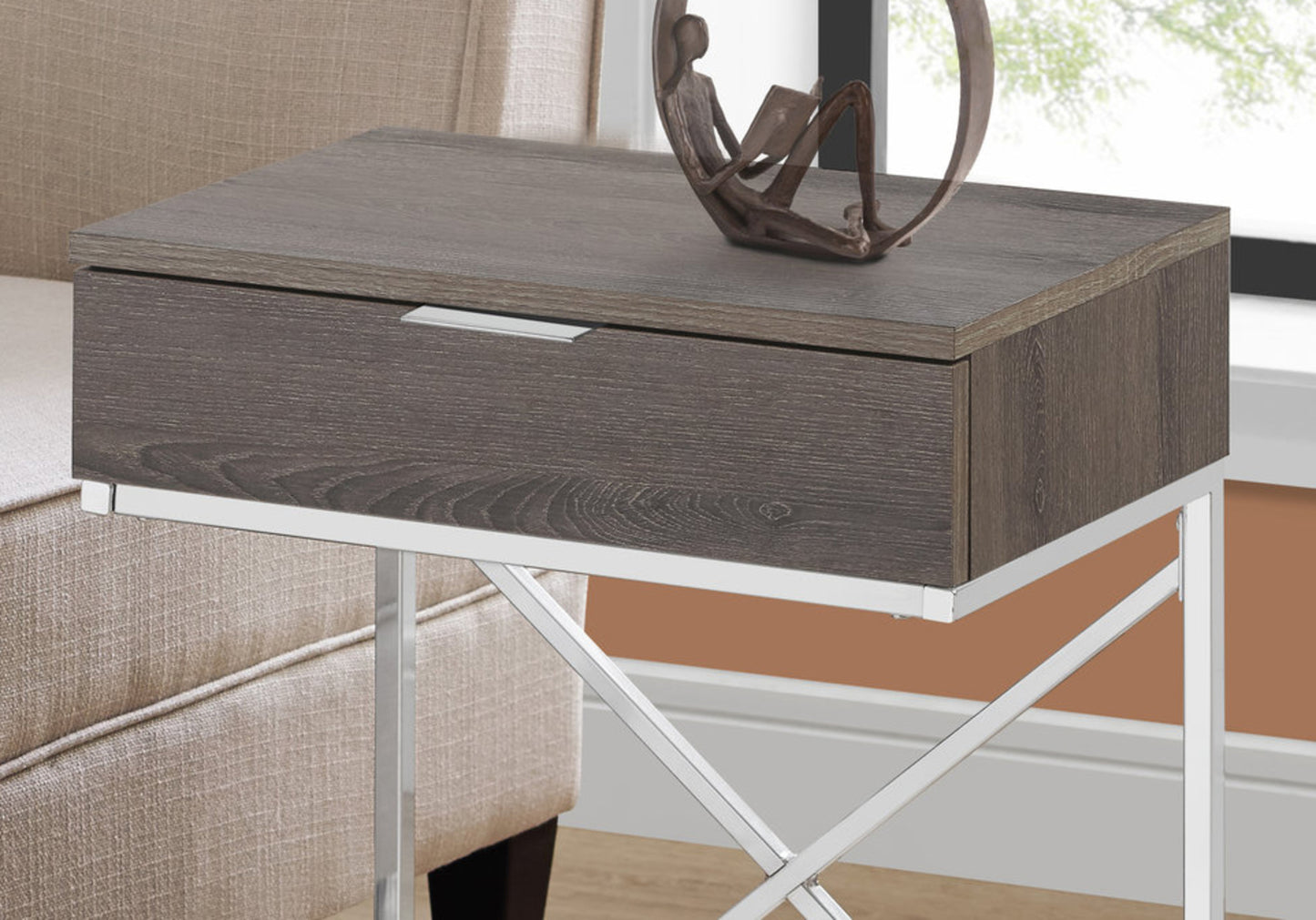 Grey wood end table with single drawer and chrome legs
