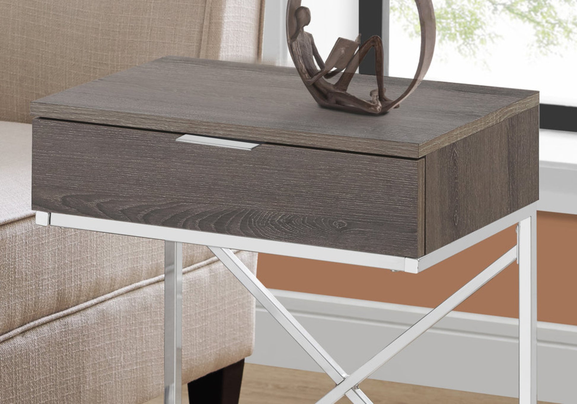 Grey wood end table with single drawer and chrome legs