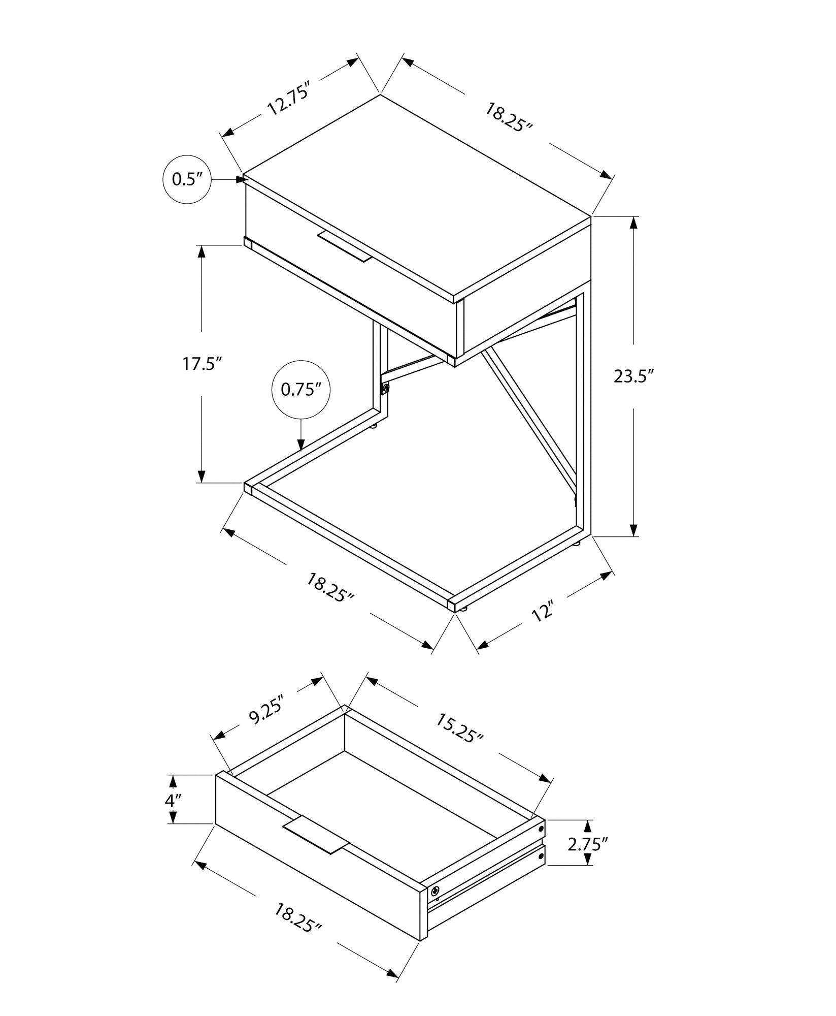 Line drawing of a modern console table with dimensions