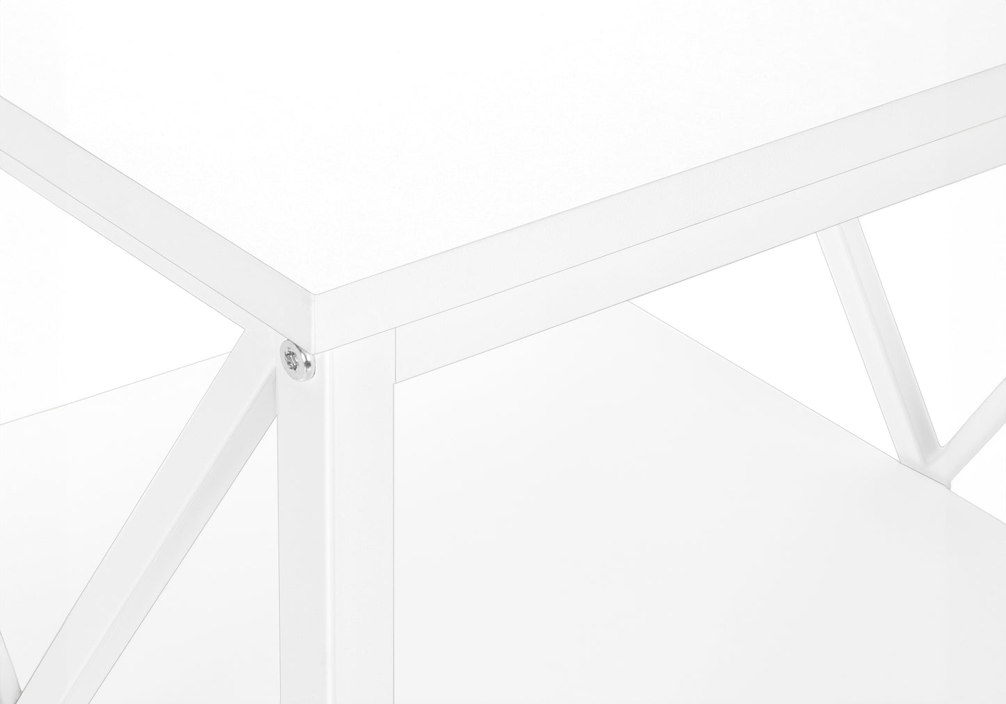 Closeup of white metal shelf bracket with visible bolt detail