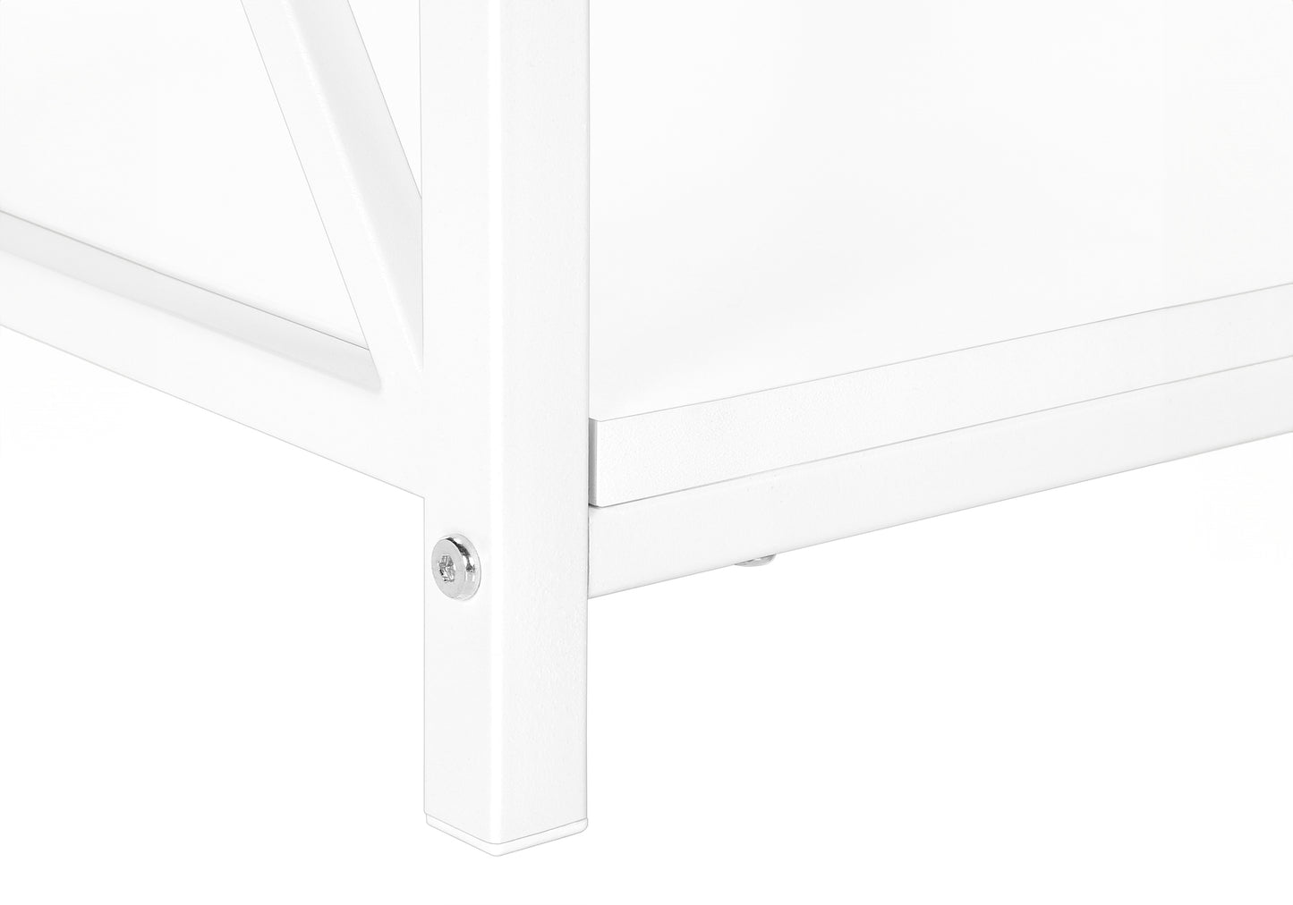 White metal bed frame detail with visible screw on leg