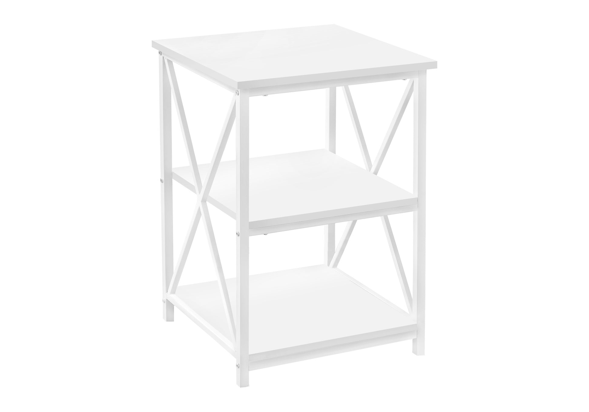 White Xframe end table with two shelves for modern living room storage
