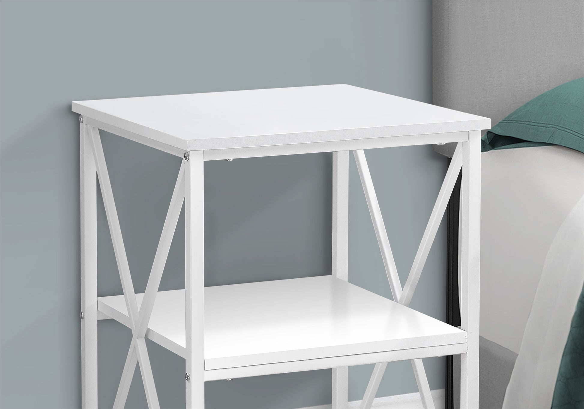 White metal frame end table with two shelves perfect for small spaces