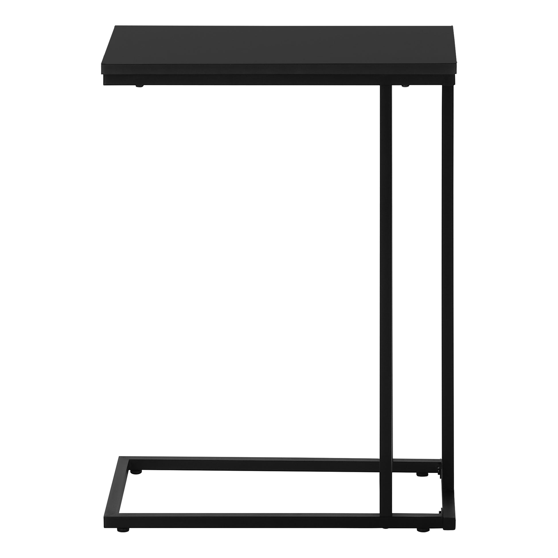 Sleek black Ctable with metal frame for laptop use next to sofa