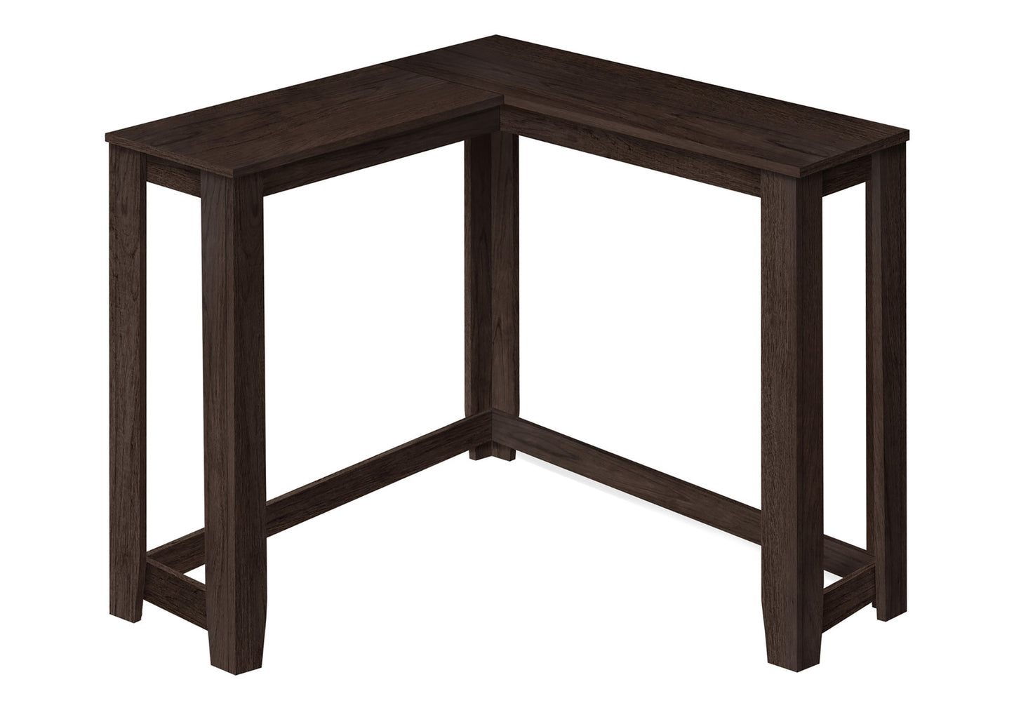 Dark brown wooden Lshaped corner desk with clean lines ideal for small spaces