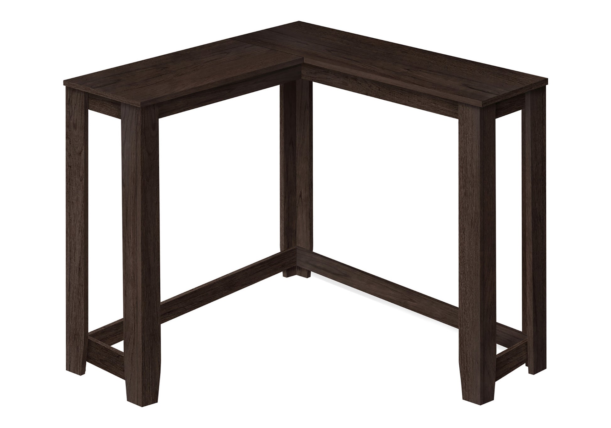 Dark brown wooden Lshaped corner desk with clean lines ideal for small spaces