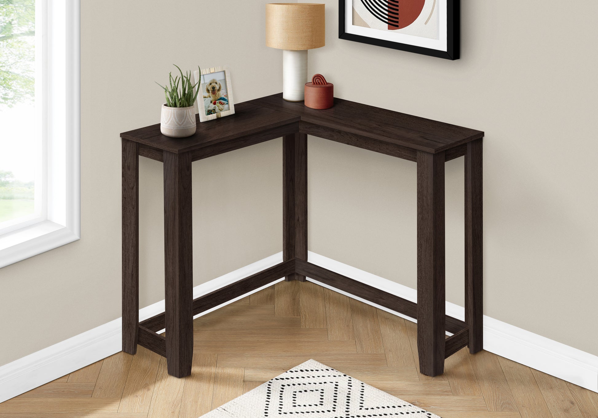 Dark espresso corner console table with minimalist design and clean lines