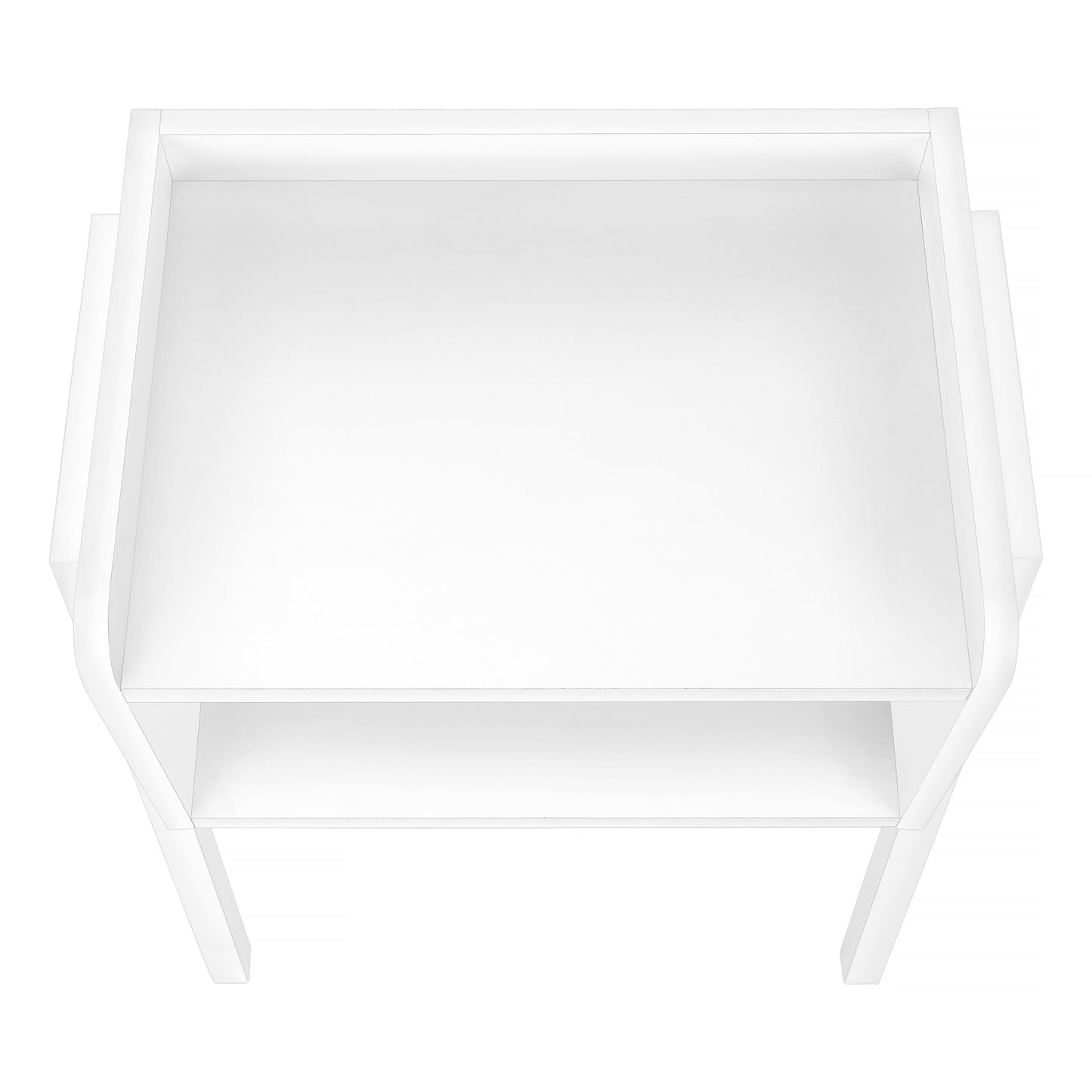 Minimalist white twotier shelf unit with clean lines and open sides for modern storage