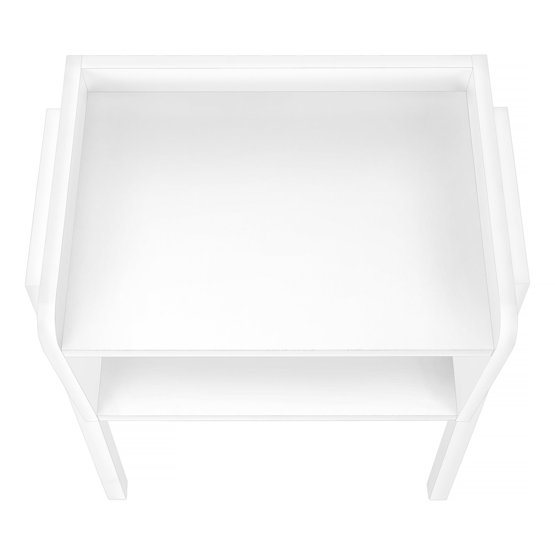 Minimalist white twotier shelf unit with clean lines and open sides for modern storage
