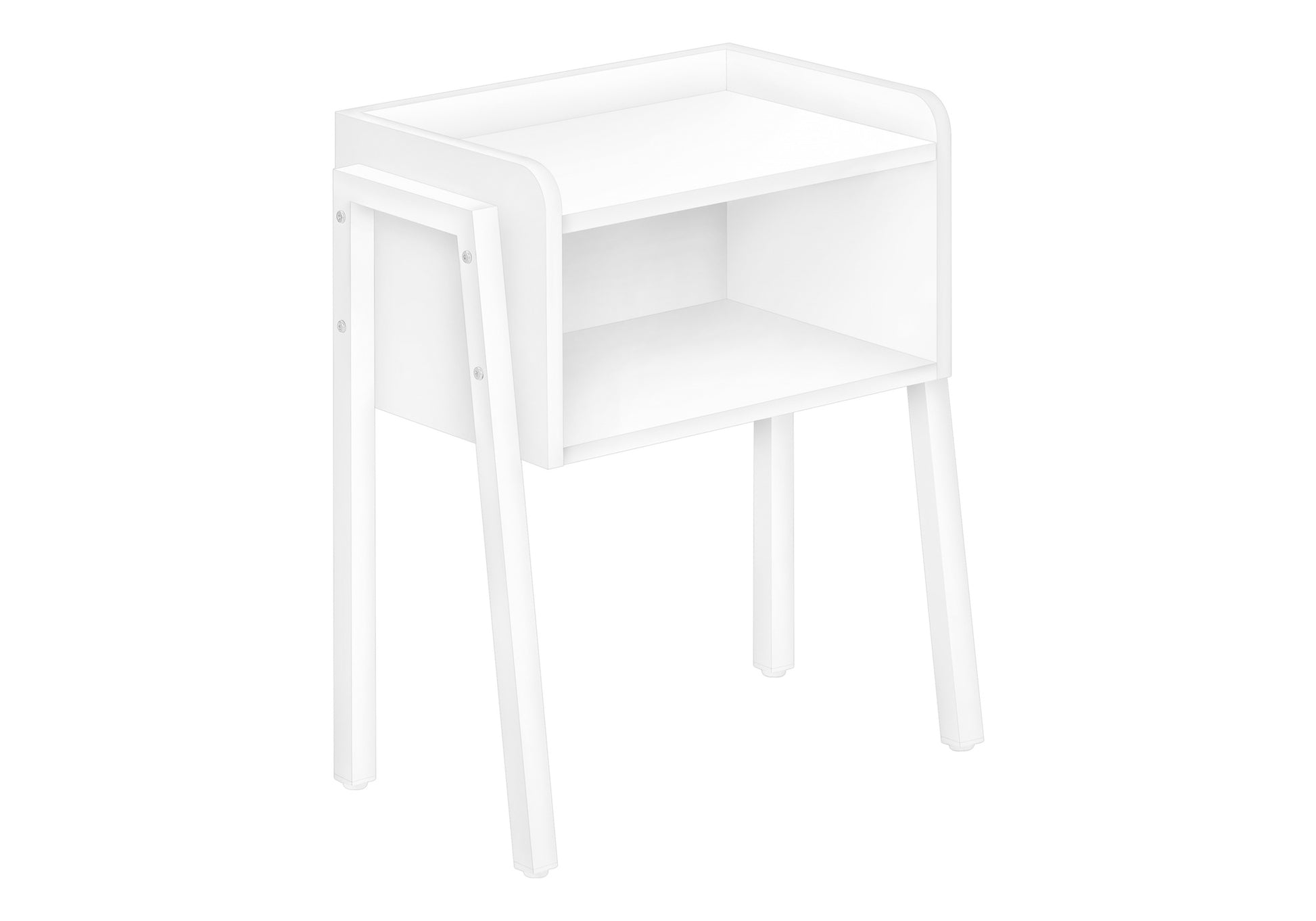 White modern nightstand with two open shelves and angled legs