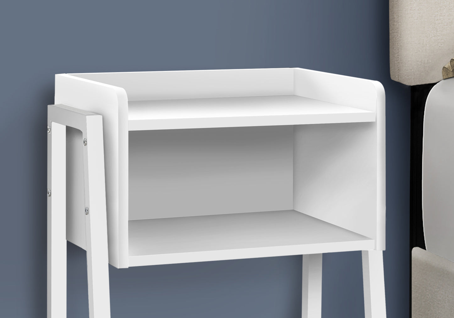 Minimalist white bedside table with two open shelves
