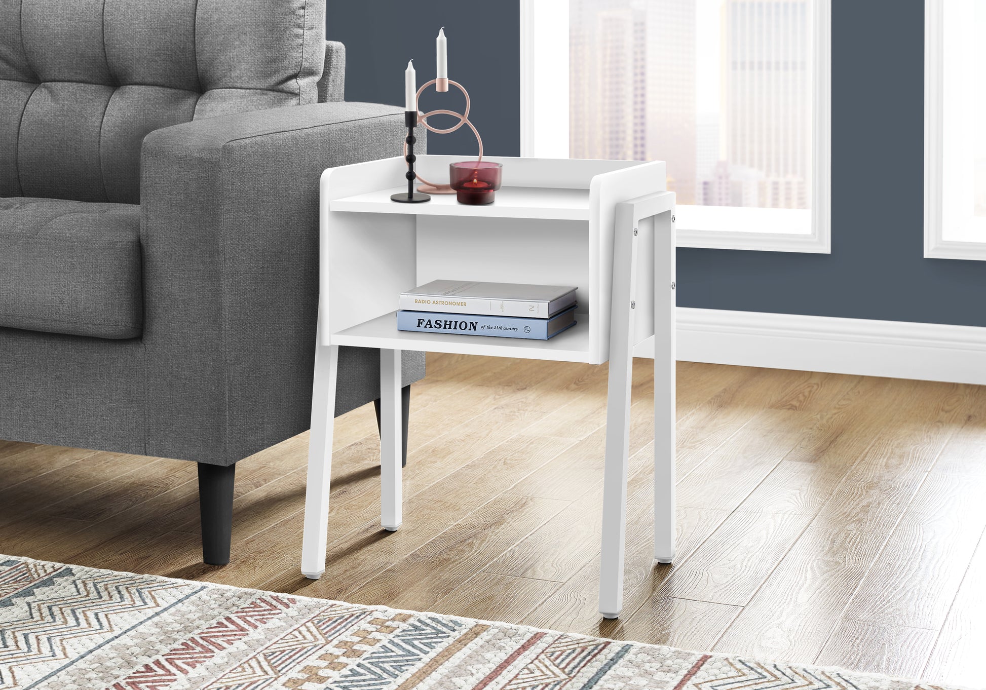 White twotier modern side table with metal legs perfect for small spaces