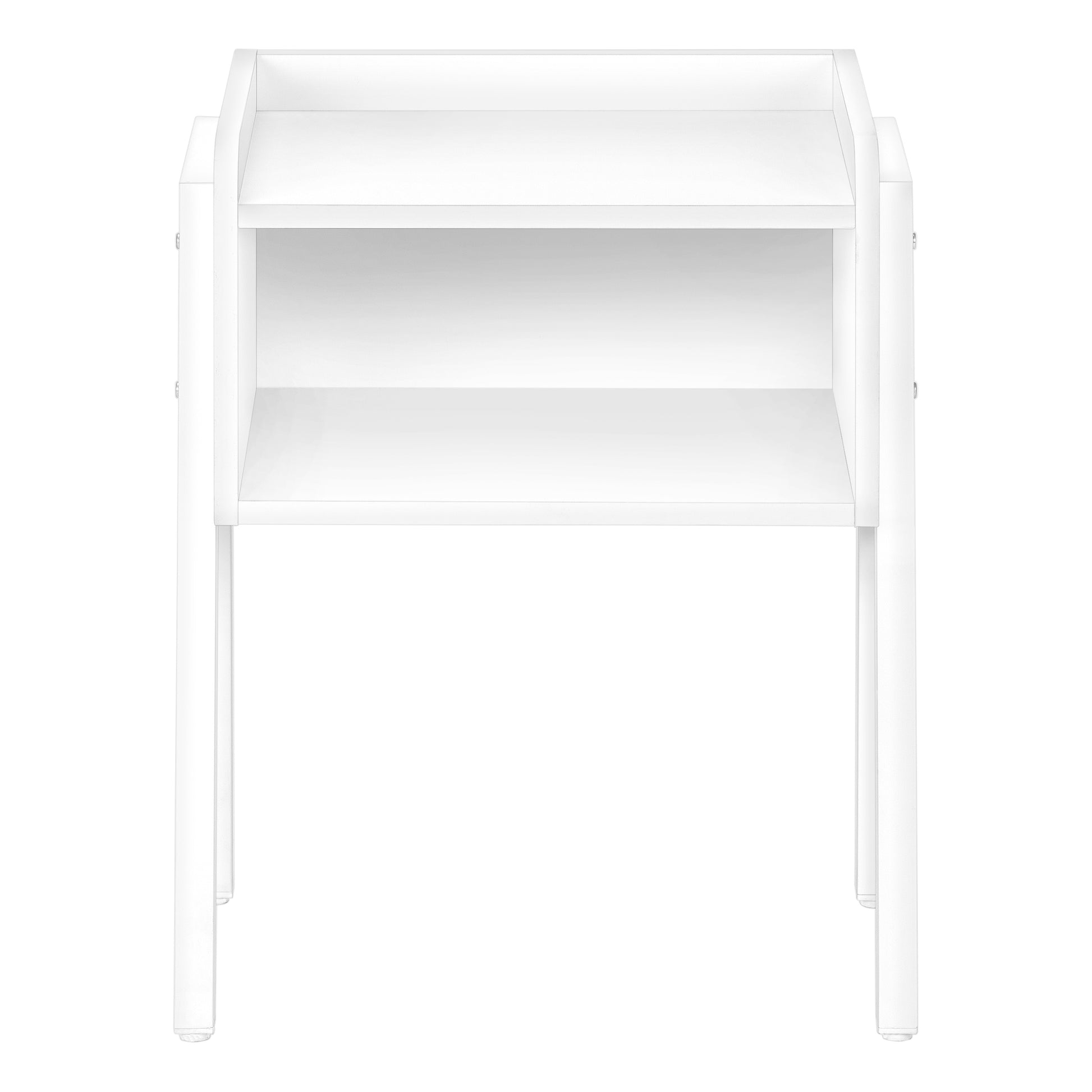White twotier nightstand with open shelving and modern minimalist design