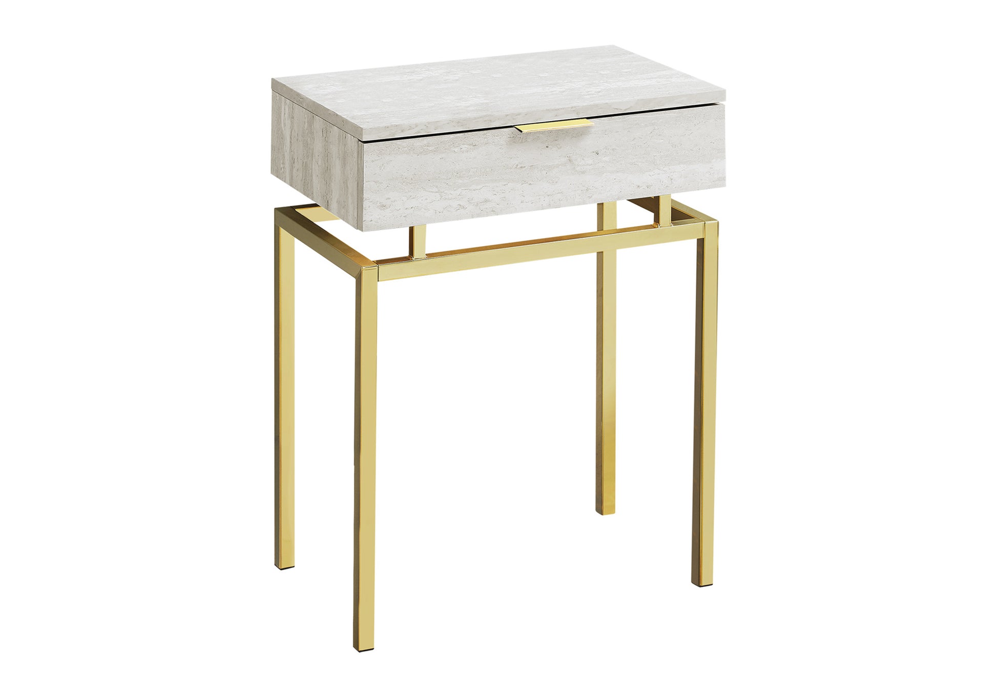 Modern travertine end table with gold metal frame and single drawer