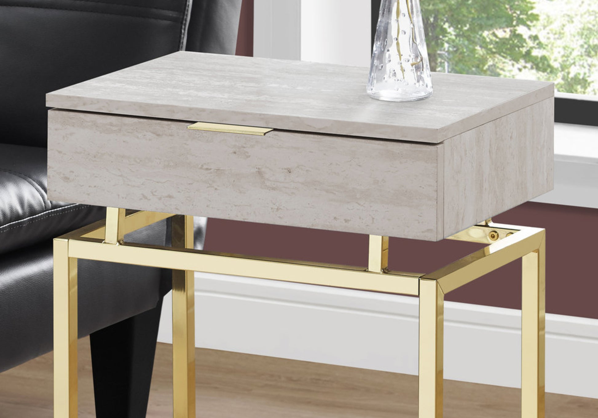 Travertine marble accent table with gold metal legs and single drawer