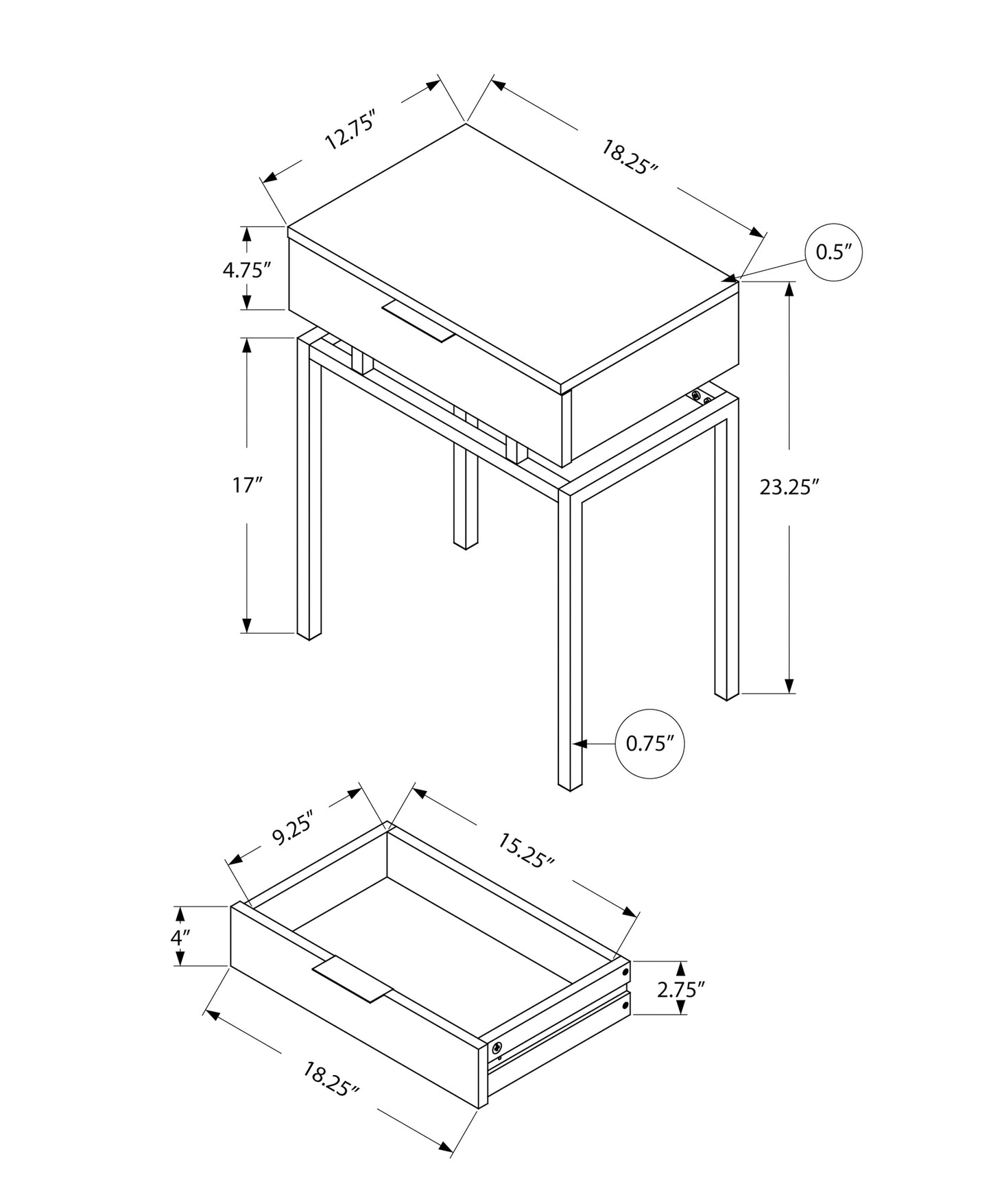 Technical drawing of a modern console table with one drawer  W x  D x  H