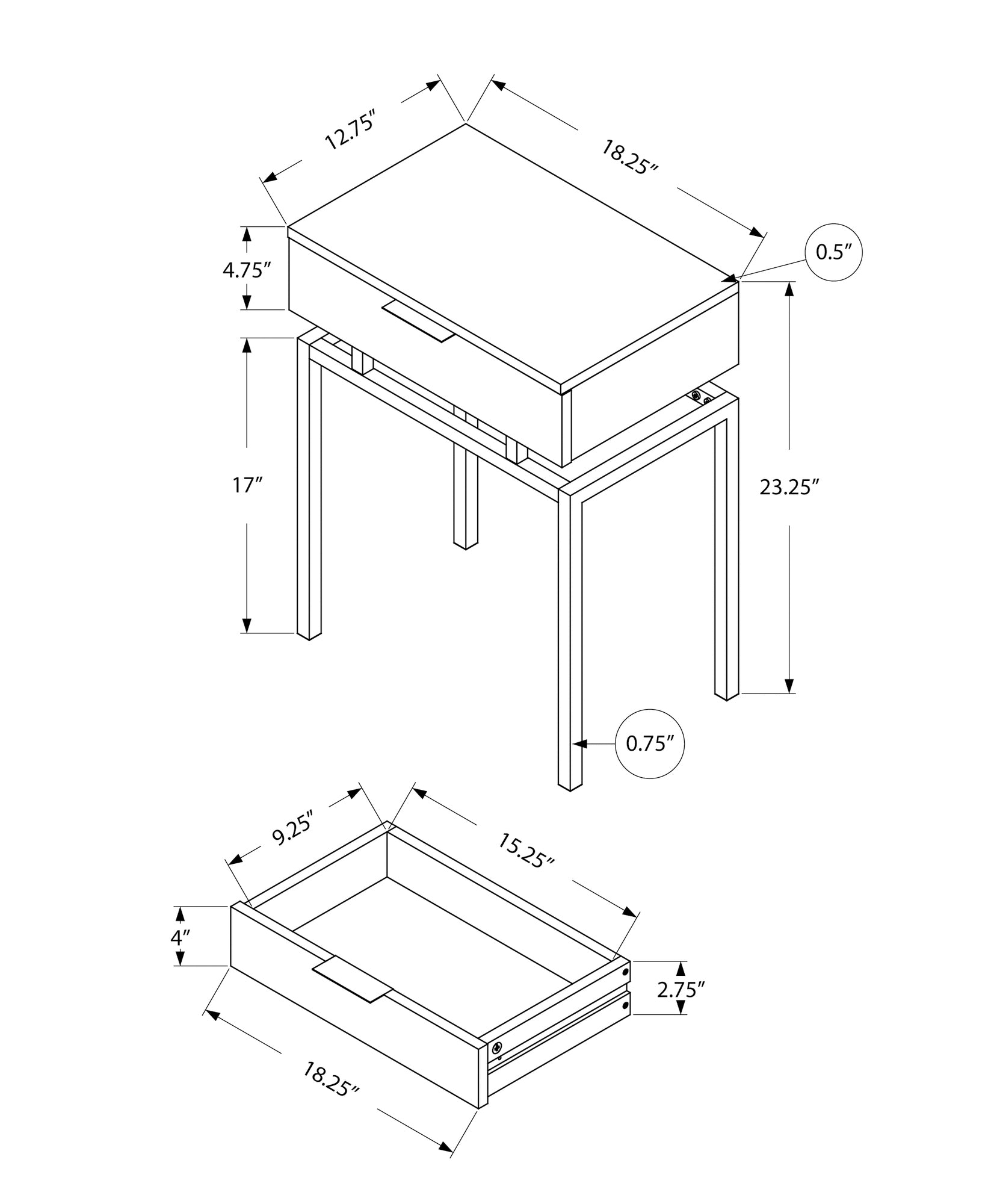 Technical drawing of a modern console table with one drawer  W x  D x  H